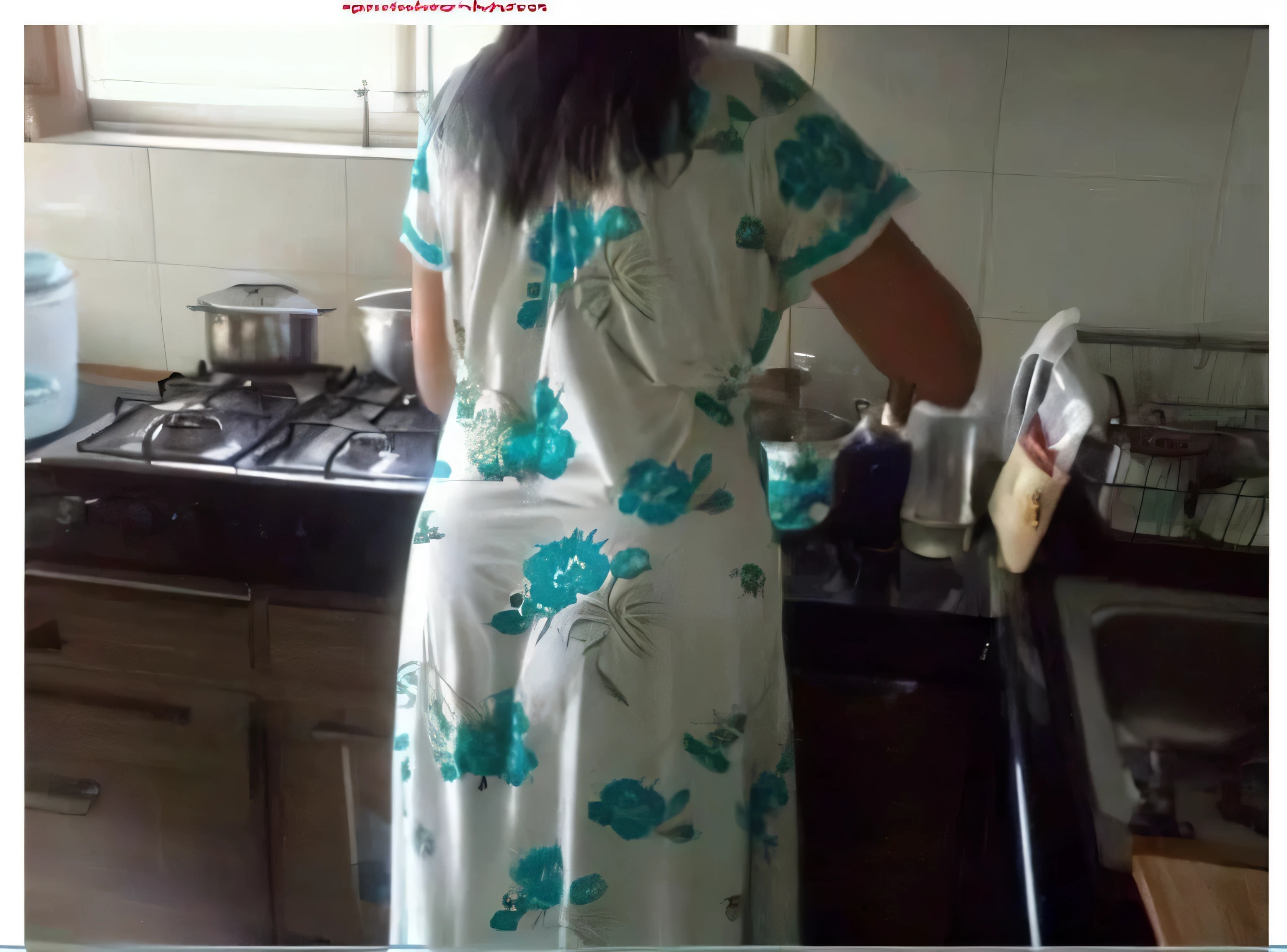 there is a woman standing in a kitchen preparing food on the stove, wearing dress, back - shot, in a kitchen, rear-shot, rear shot, back shot, posing!!, very beautiful enga style, back view!!, posing, backshot, wearing a long dress, in the kitchen, funny photo, leaked photo, backview, full covered dress