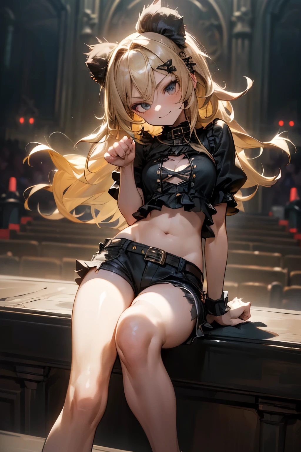 ((Masterpiece)), ((best quality)), (High Definition:1.3), (Professional Photography:1.2), 1girl, girl, (frizzy hair), silky blonde hair, (fist-bang posing), , smile, (Gothic and punk clothing), (ruffled), (Strapless:1.4), dark short shorts, bare midriff, fine pubic hair, bare feet, pale thighs, lonely expression, (in the Live audience seating),
