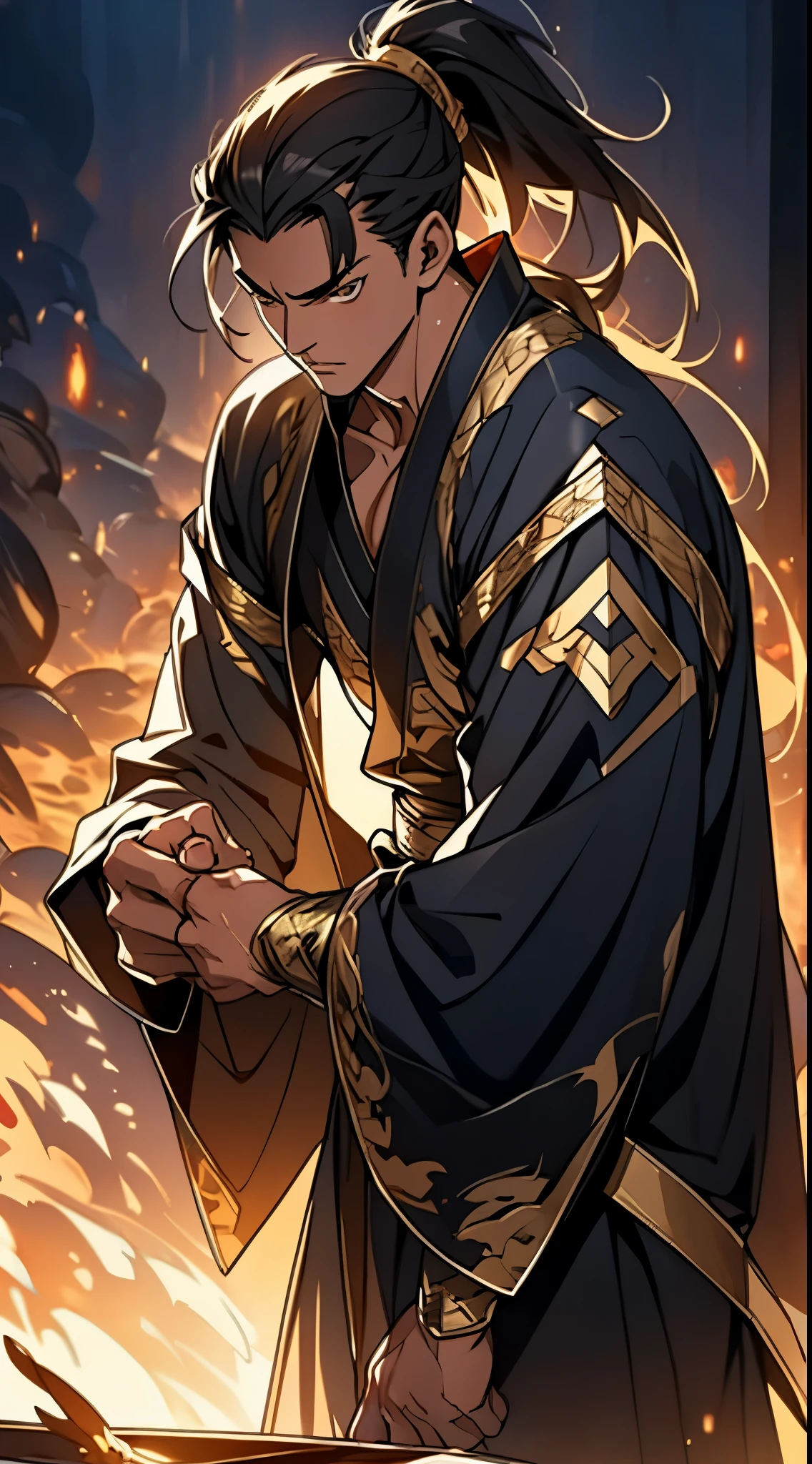 Two dimensions，anime style，one person（male warrior），proportions are correct，facial details，swordsman，high ponytail hairstyle，neck detail，Have an Adam&#39;s apple，Black and gold robe，joke，Black and gold robe，clothing details，Hand over，long sleeves，Game quality，fencing，Ray tracing，Ray tracing，Detailed glow，CG rendering，hair details，Long black and blond hair，Black-gold eyes，Handsome，Handsome，（Youthful feeling），Costumes are complicated，Perfect composition，refine，high quality，higher details，many details，Complex background，a sense of atmosphere，