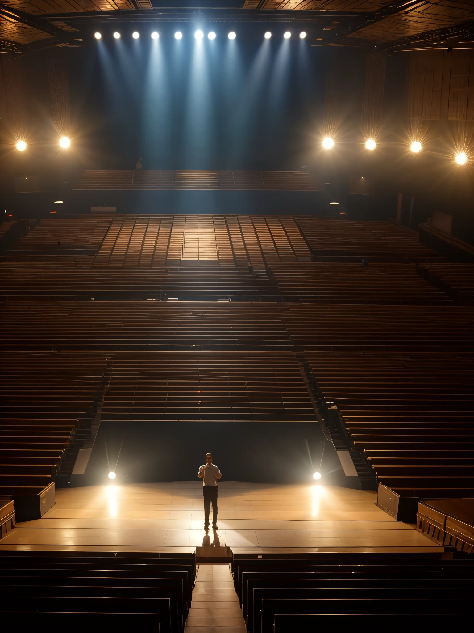 Stage platform, in front of a large audience, enthusiastic atmosphere, cinematic lighting, dim lighting