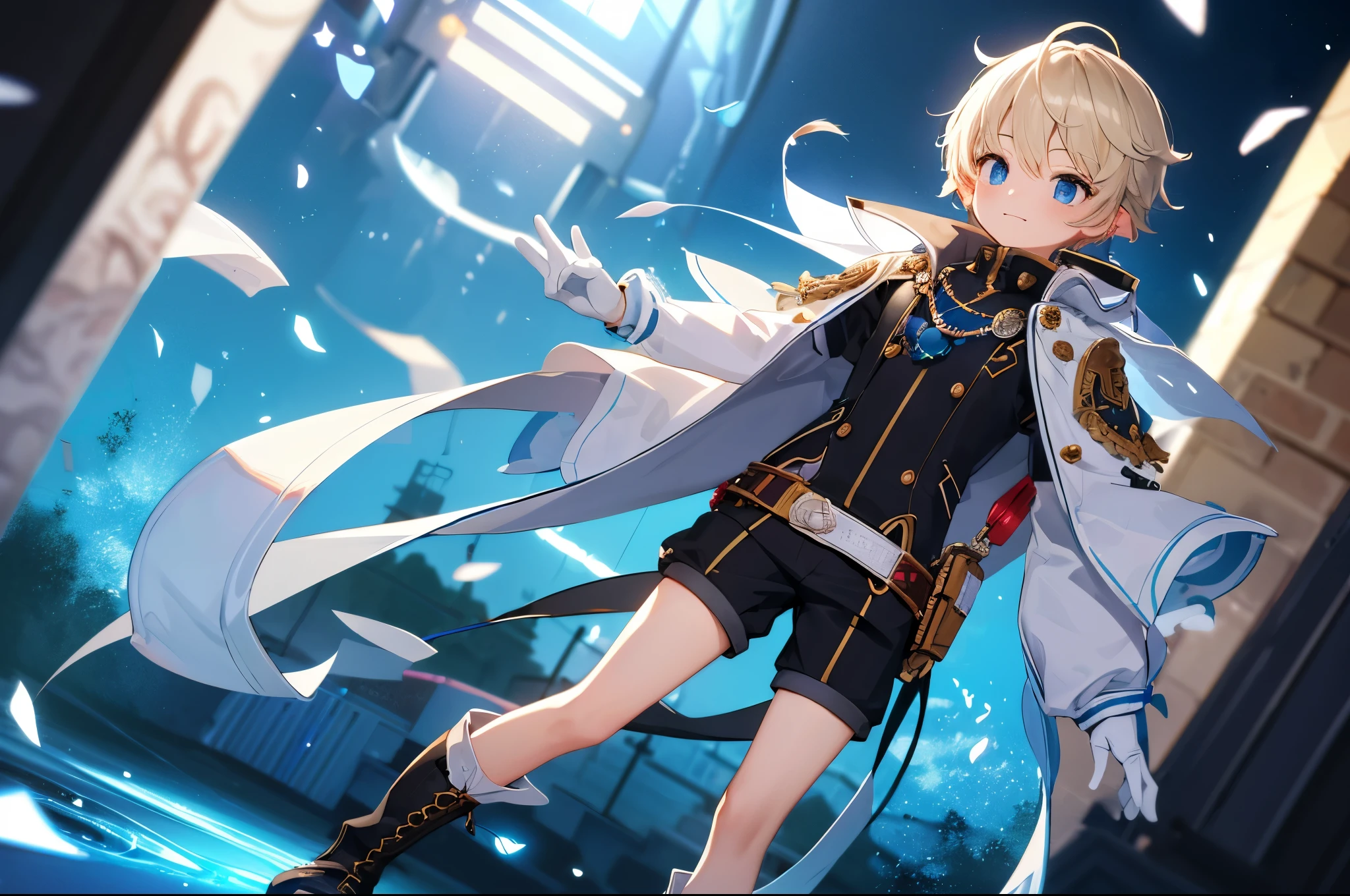 Game CG，4K quality，(( boy))，Youthful feeling，anime hero，Q version male horn ears，glad，防Wind鏡，White and blue racing jumpsuit，white gloves，Racing boots，float。Wind，Lighting effects，full body portrait，normal hand