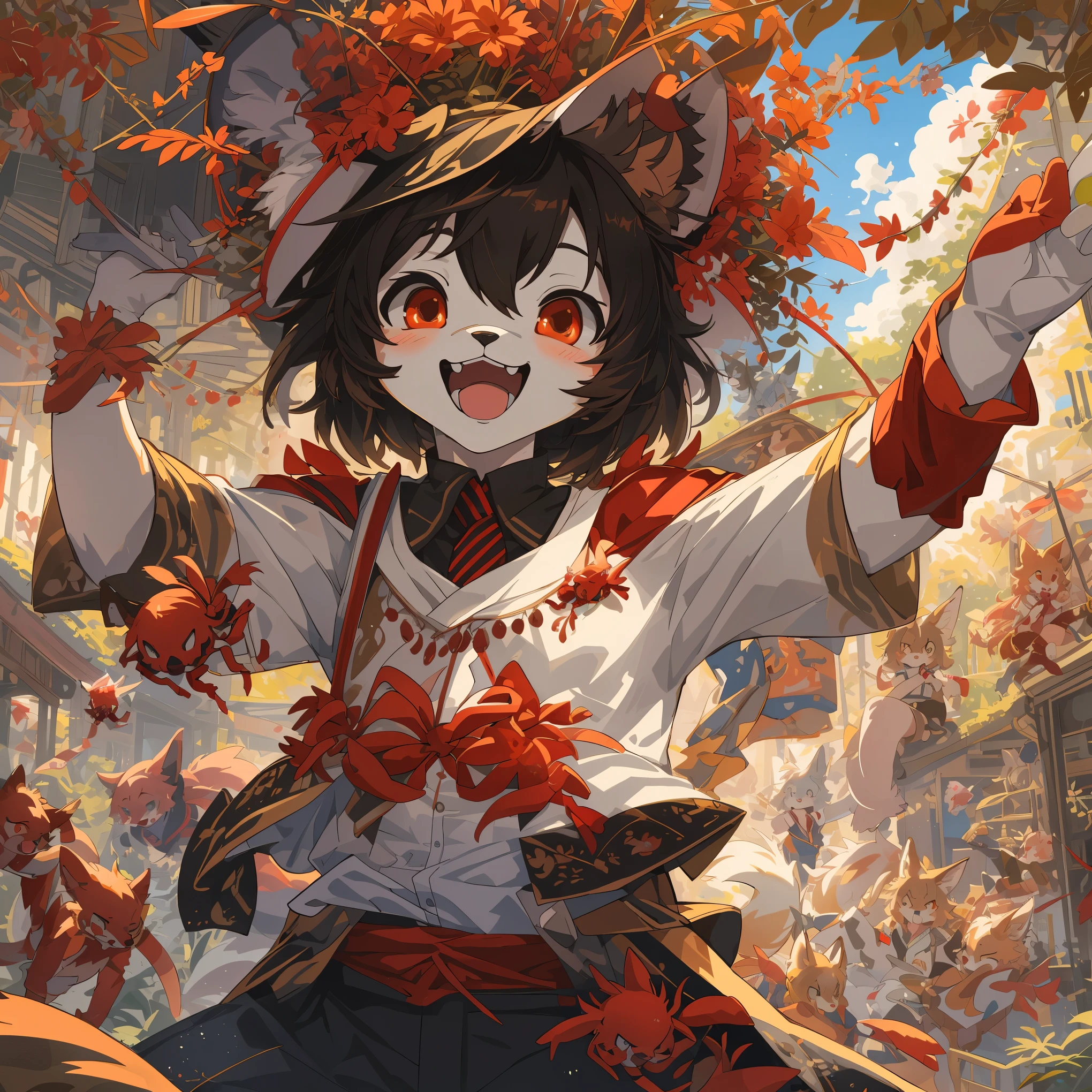 cover_page, highres, top quality, best quality, paid reward available, High-quality illustrations, unparalleled masterpiece, perfect artwork, absurdres, super high resolution, detailed background, red spider lilies, 6+boys, 6+girls, Happy, joyful(Photos of solo travelers)(kemono, furry anthro),