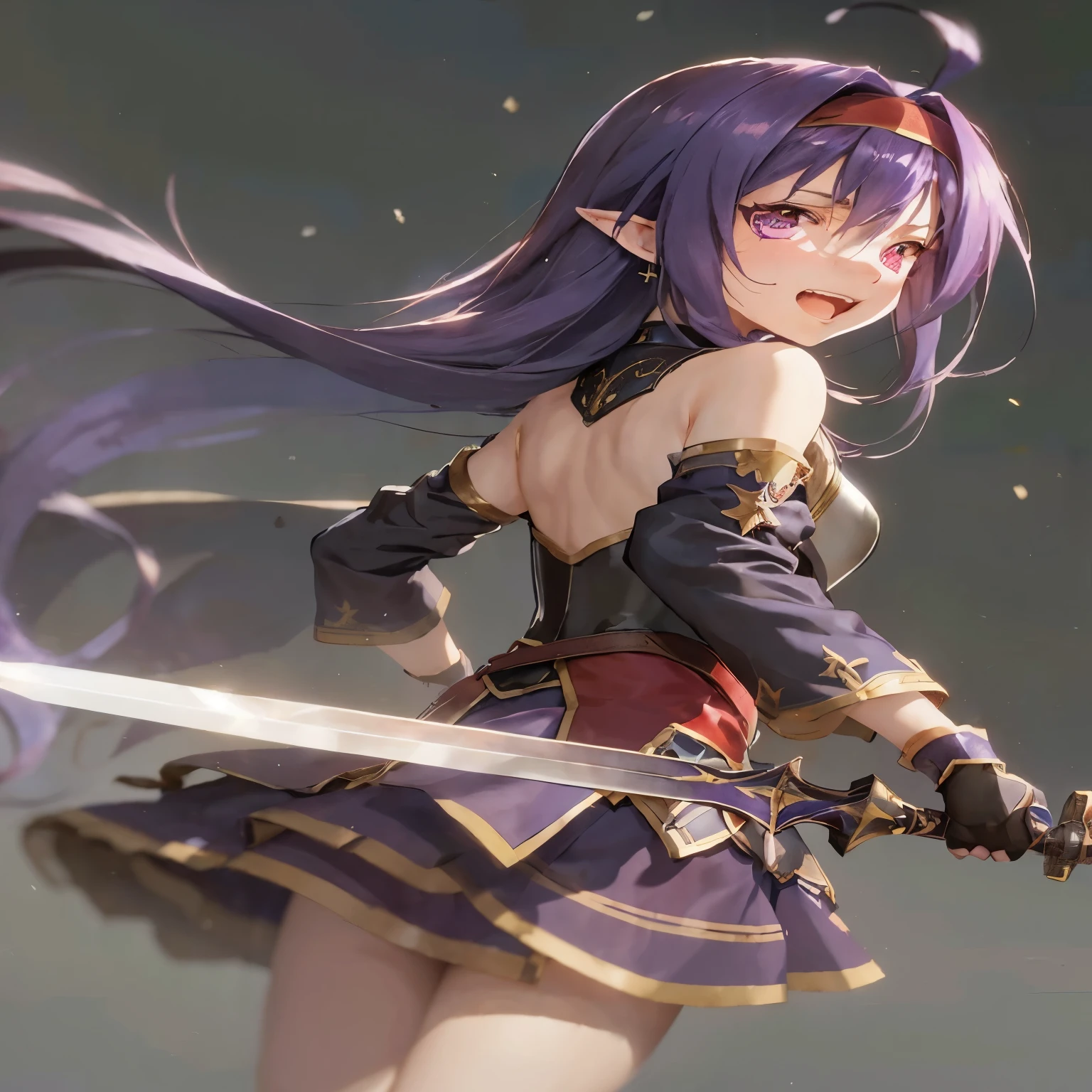 yuukikonno, Yuki Konno, hair band, long hair, pointed ears, purple hair, (red eyes:1.5), (small breasts:1.2), open your mouth,open your mouth,crying with both eyes closed,tears run down her face,
break black Thighhighs, removed sleeve, Thighhighs, dress, purple dress, armor, purple armor,
break looking at viewer, Upper body, full body,
break outdoors, forest, nature,
break (masterpiece:1.2), highest quality, High resolution, unity 8k wallpaper, (figure:0.8), (detailed and beautiful eyes:1.6), highly detailed face, perfect lighting, Very detailed CG, (perfect hands, perfect anatomy),
