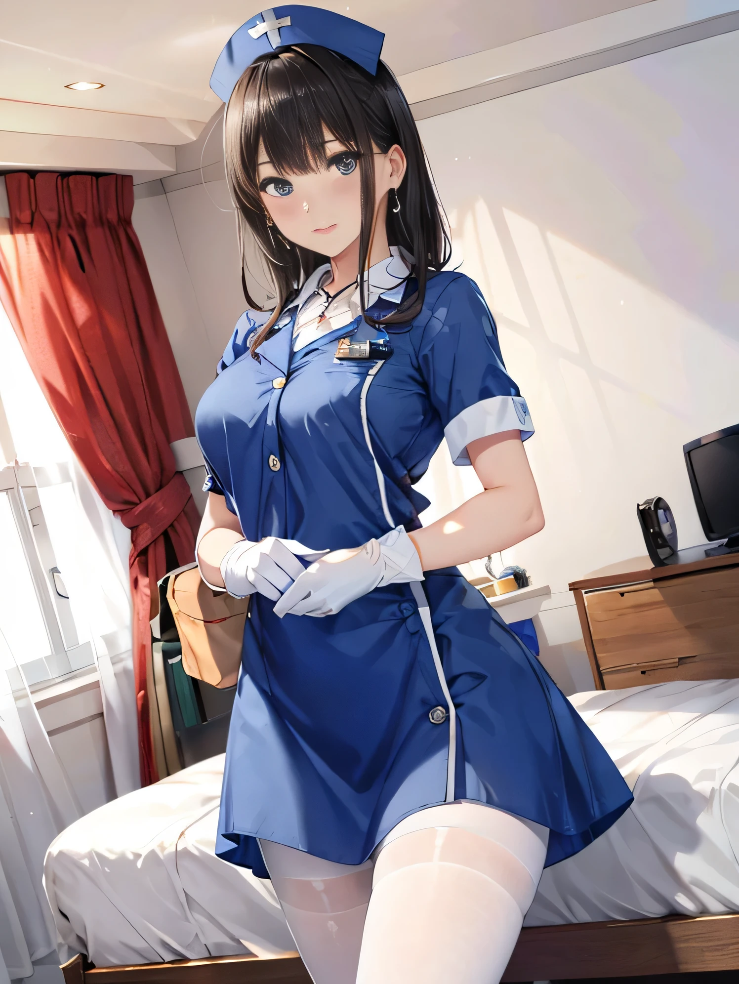 1 girl, (alone:1.2), (cowboy shot:1.2), (Beautiful and delicate depiction of eyes), (beautiful and detailed face), perfect female body, handsome figure, thin waist, (young girl), (20-year-old), long hair, platinum blonde hair, very big eyes, blue eyes, medium breasts, blush, shy, watery lips, nurse, (transparent nurse dress), nurse cap, Button unbuttoned, (white gloves:1.2), (white pantyhose), high heels, necklace, earrings, indoor, school nurse, hospital bed, window, white curtains, sunlight, squat, (highest quality), (Super detailed), (masterpiece), (High resolution), (original), (Highly detailed CG Unity 8k wallpaper), Character Design, game CG, detailed cartoon illustrations，(NSFW1.1)