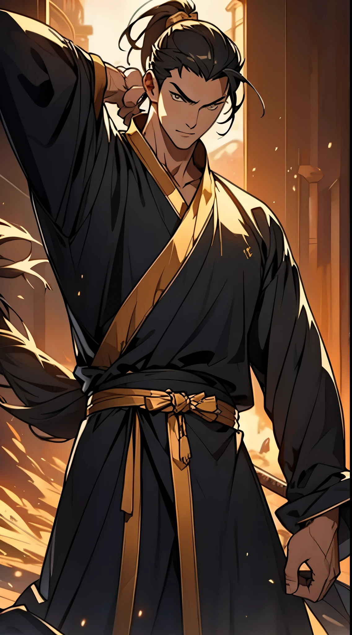 Two dimensions，anime style，one person（male warrior），proportions are correct，facial details，swordsman，high ponytail hairstyle，neck detail，Have an Adam&#39;s apple，Black and gold robe，joke，Black and gold robe，clothing details，Hand over，long sleeves，Game quality，fencing，Ray tracing，Ray tracing，Detailed glow，CG rendering，hair details，Long black and blond hair，Black-gold eyes，Handsome，Handsome，（Youthful feeling），Costumes are complicated，Perfect composition，refine，high quality，higher details，many details，Complex background，a sense of atmosphere，