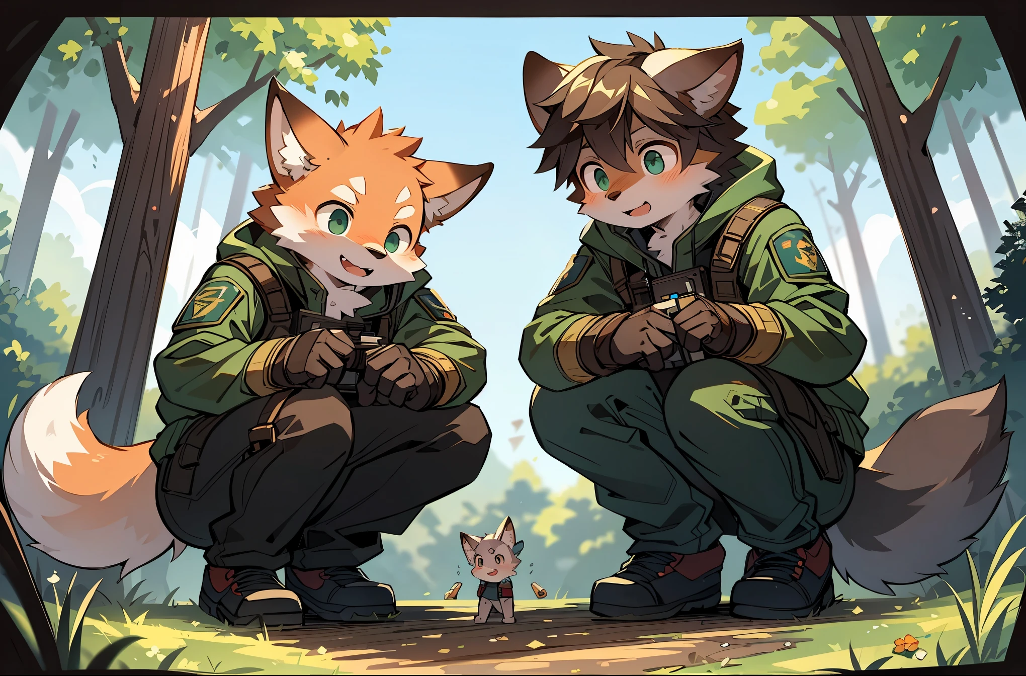 frame of trading card, UI Marks on the upper right and left bottom of the cygames style card.dark and green tone.  small anthro kemono fox Scout is crouching behind a tree and aiming his sniper rifle at a distant target. He is dressed in a camouflaged jacket and pants,with a bulletproof vest. meticulous post-war military scenes, soft-focus technique