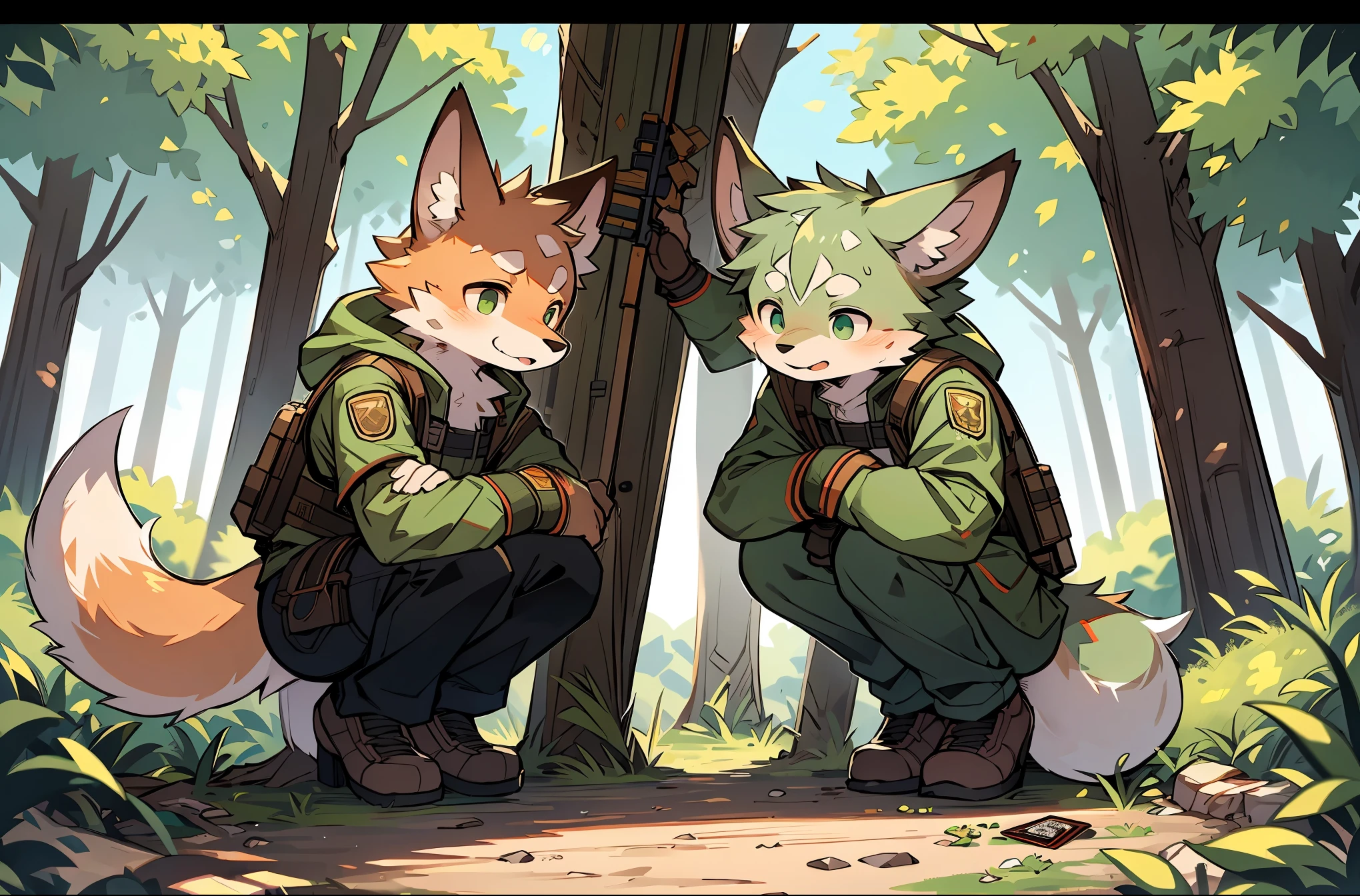 frame of trading card, UI Marks on the upper right and left bottom of the cygames style card.dark and green tone. 14 years old small anthro kemono fox Scout is crouching behind a tree and aiming his sniper rifle at a distant target. He is dressed in a camouflaged jacket and pants,with a bulletproof vest. meticulous post-war military scenes, soft-focus technique