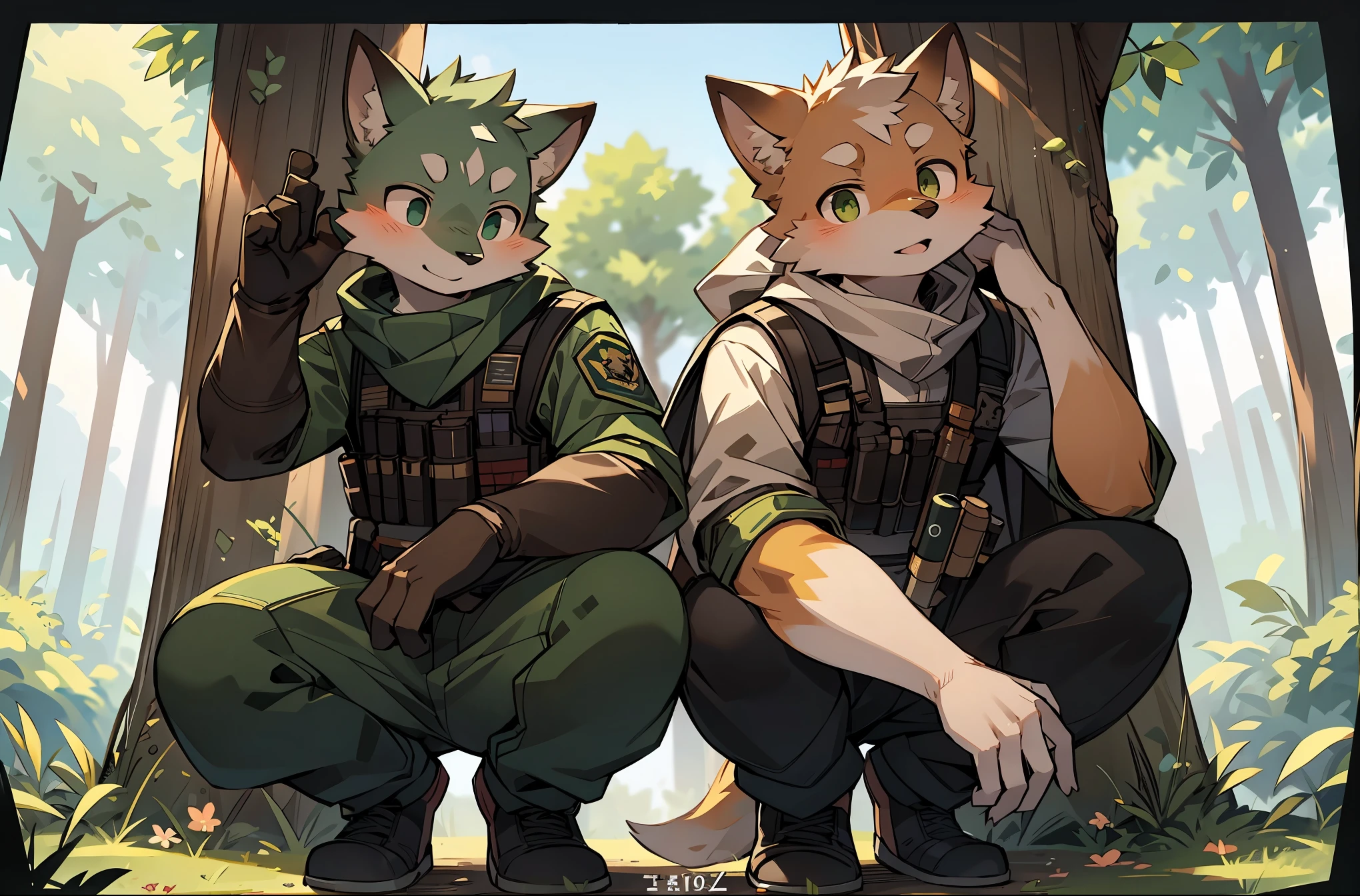 frame of trading card, UI Marks on the upper right and left bottom of the cygames style card.dark and green tone. 14 years old small anthro kemono fox Scout is crouching behind a tree and aiming his sniper rifle at a distant target. He is dressed in a camouflaged jacket and pants,with a bulletproof vest. meticulous post-war military scenes, soft-focus technique