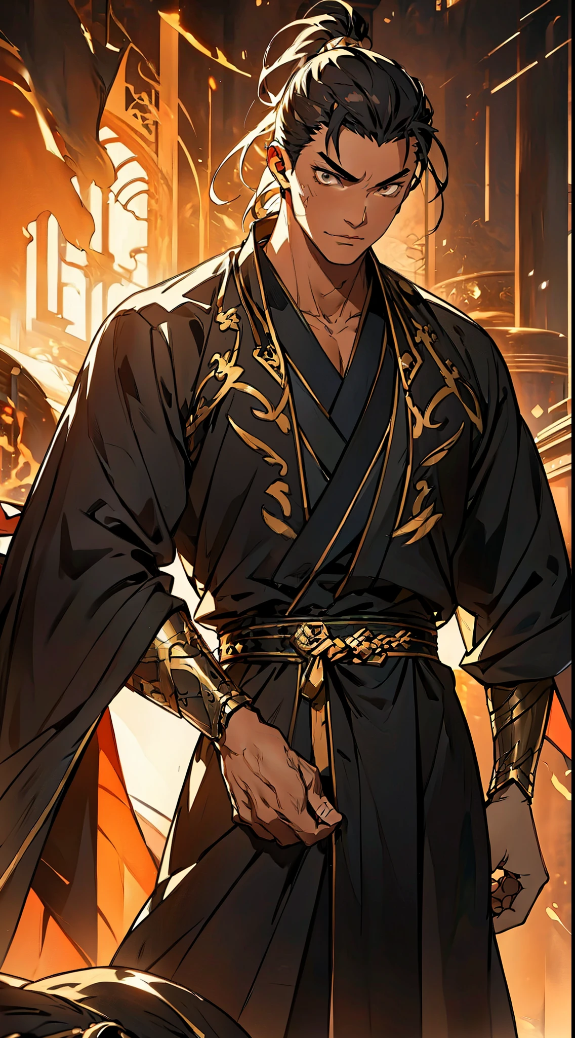 Two dimensions,anime style,one person(male warrior),proportions are correct,facial details,swordsman,high ponytail hairstyle,neck detail,Have an Adam's apple,Black and gold robe,joke,Black and gold robe,clothing details,Hand over,long sleeves,Game quality,fencing,Ray tracing,Ray tracing,Detailed glow,CG rendering,hair details,Long black and blond hair,Black-gold eyes,Handsome,Handsome,(Youthful feeling),Costumes are complicated,Perfect composition,refine,high quality,higher details,many details,Complex background,a sense of atmosphere,