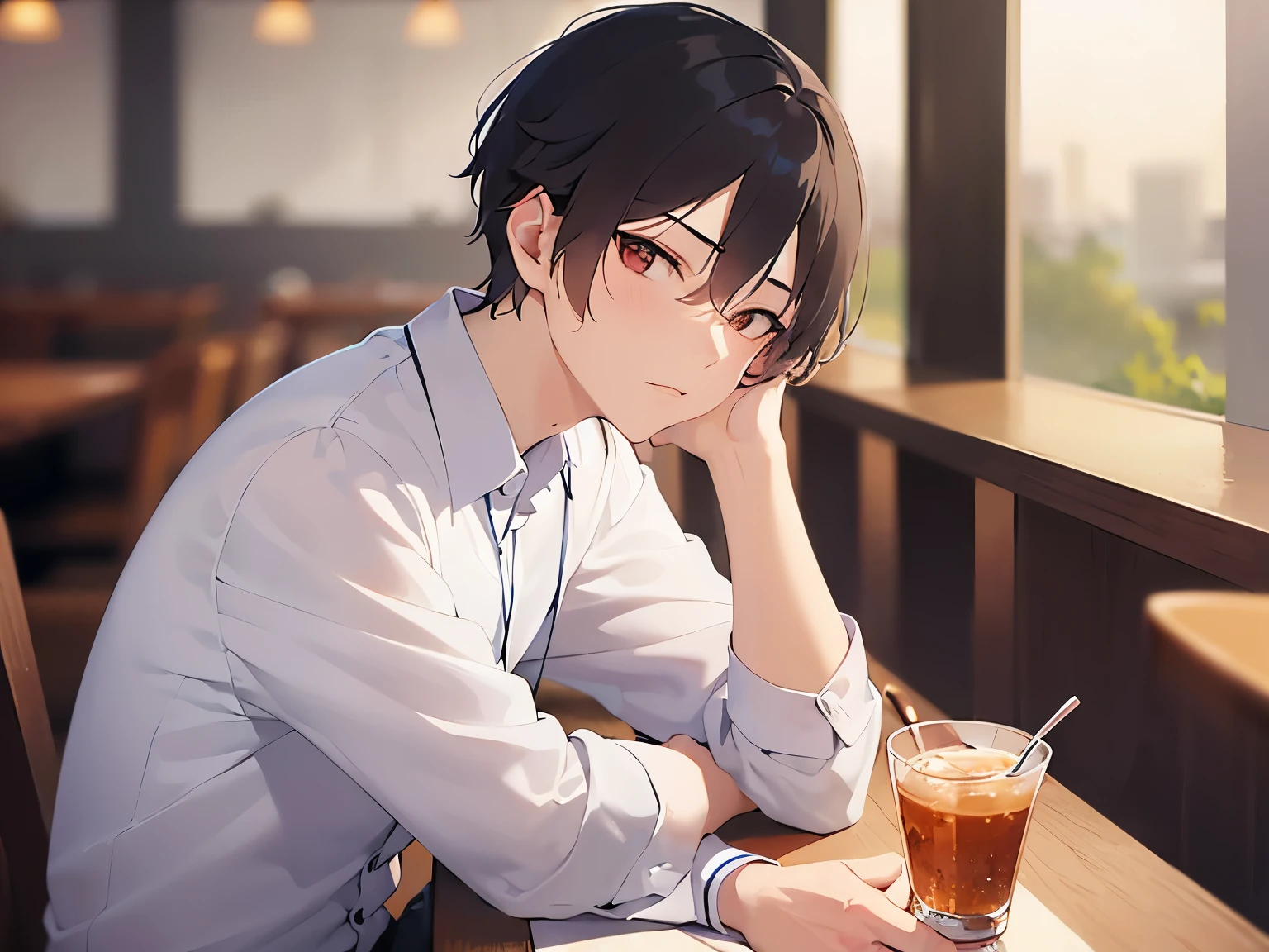 cinematic angle, masterpiece、highest quality、(25 year old male:1.5) and (brown short hair) and (red eyes), (Wearing a plain white long-sleeved shirt:1.5)、glaring、annoyed、The background is a restaurant、sitting、(Alone:1.5)
