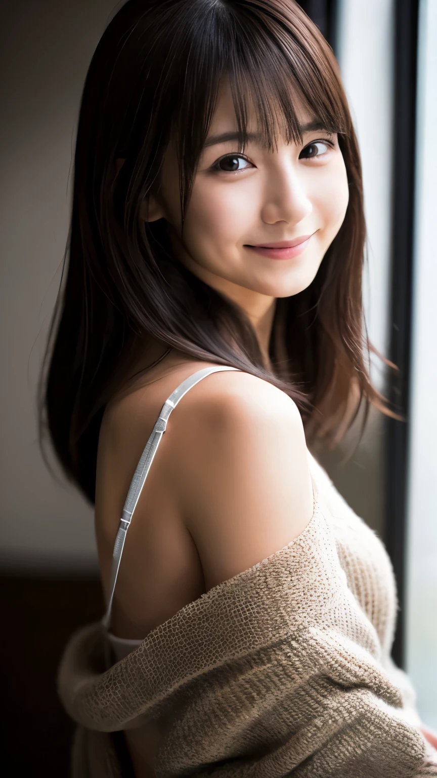 Japanese, dark brown hair, sullen smile, dark room, 30 years old, female 