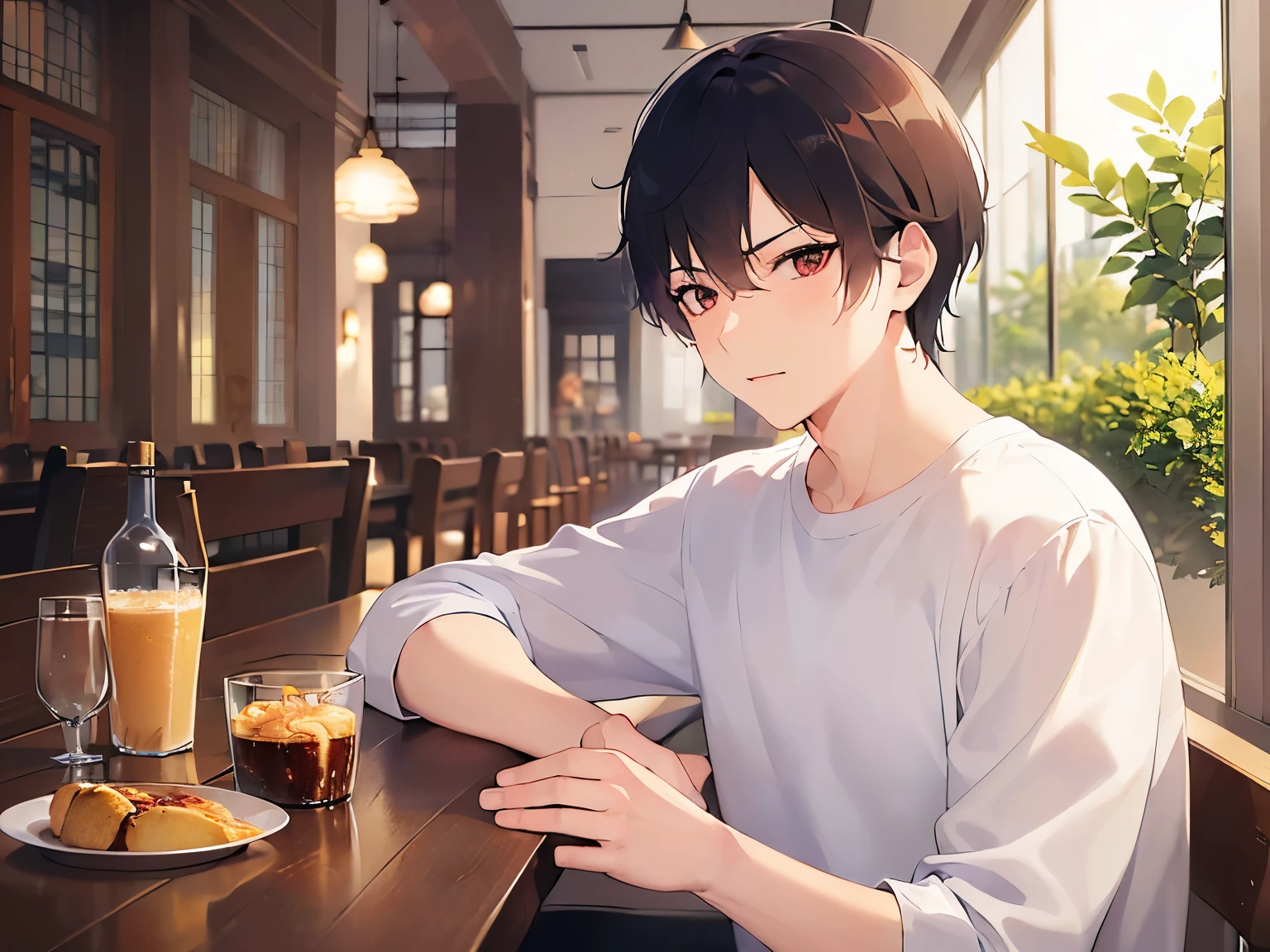 cinematic angle, masterpiece、highest quality、(25 year old male:1.5) and (brown short hair) and (red eyes), (Wearing a plain white long-sleeved shirt:1.5)、glaring、annoyed、The background is a restaurant、sitting、(Alone:1.5)