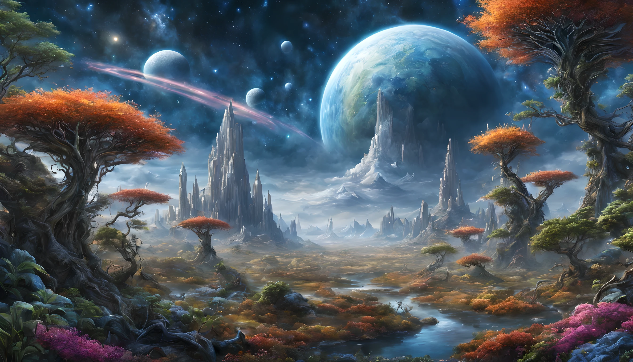 Imagine a beautiful fantasy landscape, realistic and natural, cosmic sky, detailed full-color, nature, hd photography, fantasy by john stephens, galen rowell, david muench, james mccarthy, hirō isono, realistic surrealism, elements by nasa, magical, detailed, alien plants, gloss, hyperrealism, post-apocalyptic, space