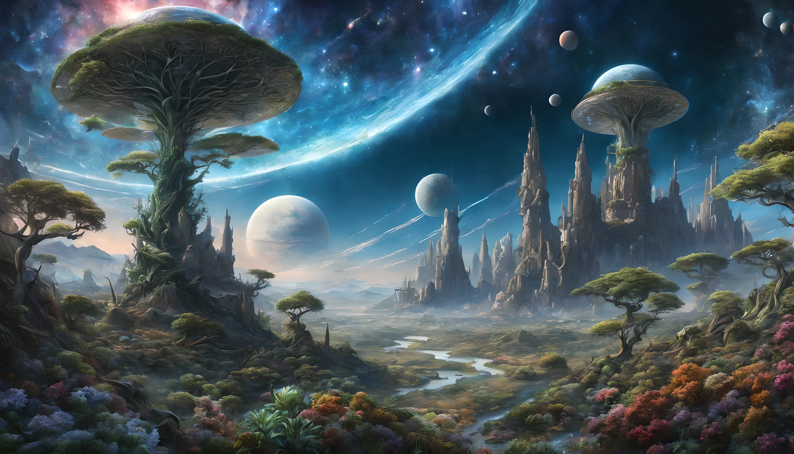 Imagine a beautiful fantasy landscape, realistic and natural, cosmic sky, detailed full-color, nature, hd photography, fantasy by john stephens, galen rowell, david muench, james mccarthy, hirō isono, realistic surrealism, elements by nasa, magical, detailed, alien plants, gloss, hyperrealism, post-apocalyptic, space