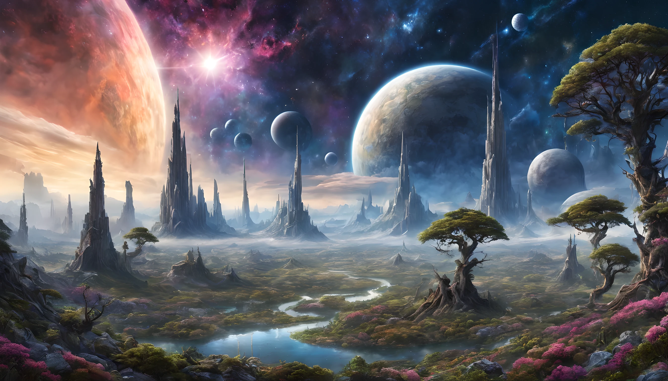 Imagine a beautiful fantasy landscape, realistic and natural, cosmic sky, detailed full-color, nature, hd photography, fantasy by john stephens, galen rowell, david muench, james mccarthy, hirō isono, realistic surrealism, elements by nasa, magical, detailed, alien plants, gloss, hyperrealism, post-apocalyptic, space