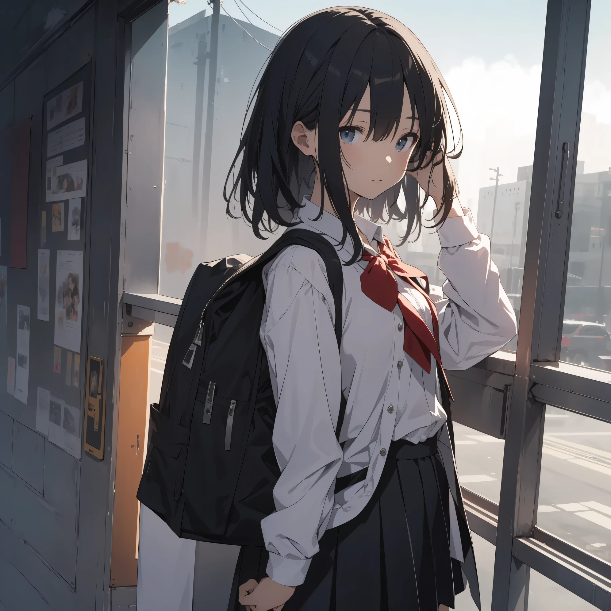 Ultra-highest quality by the art god, super detailed, High resolution, anime moe art style, Best Anime 8K Kona-chan Wallpaper, pixiv contest winner, perfect anatomy, break,(Please draw a 1 girl going sleepily to school alone. )break, 1 girl: (alone,little woman,:1.3),All limbs, full finger,, The charm of an immature body, (very short hair,boyish hair), flat chest, small ass, between legs, small black eyes, detailed and beautiful eyes, Well-proportioned iris and pupils, expressive eyes, High resolutionの詳細な髪, ribbon, skirt, Ascot, pleated skirt, school uniform, school bag. (detailed lighting), (detailed background), On the way to school. break,super dense skin, Best lighting by famous artists, 8k, figure,Hmm, rough skin