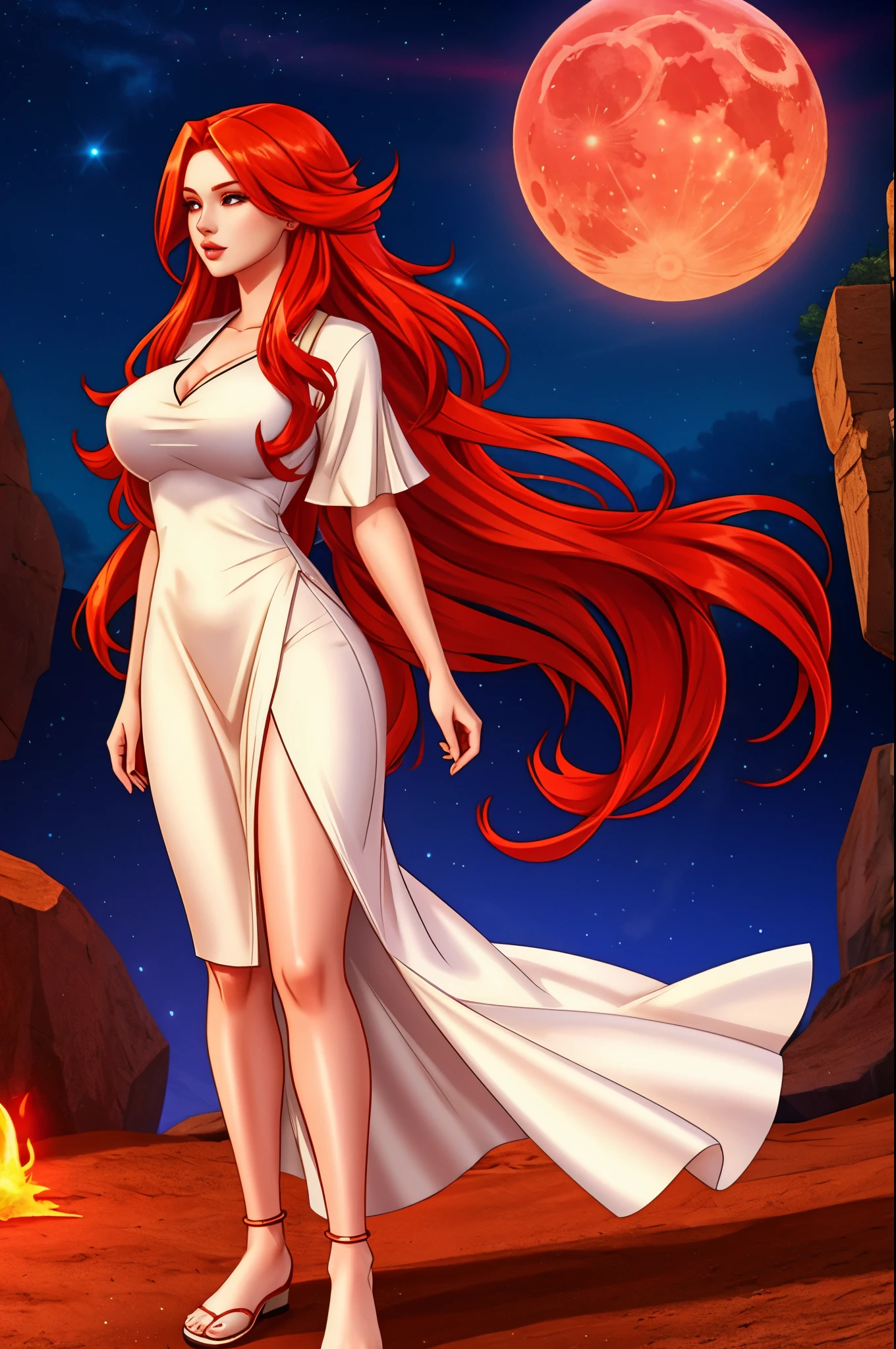full body shot, woman with long red hair wearing a white top, rusty colored long hair, long glowing ethereal hair, very long wavy fiery red hair, firey moon shard, night sky