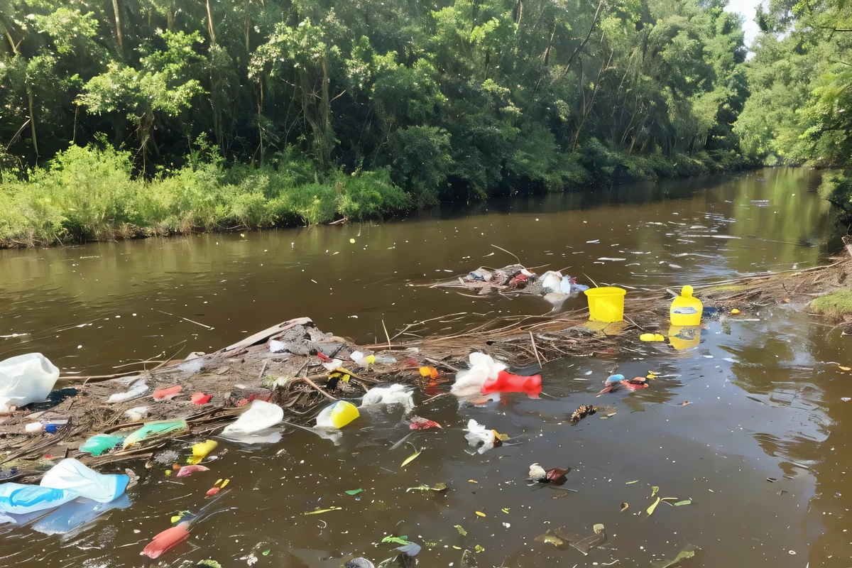In a river polluted with forest trash、animals picking up trash、water cleaning。humans don't'Don't draw