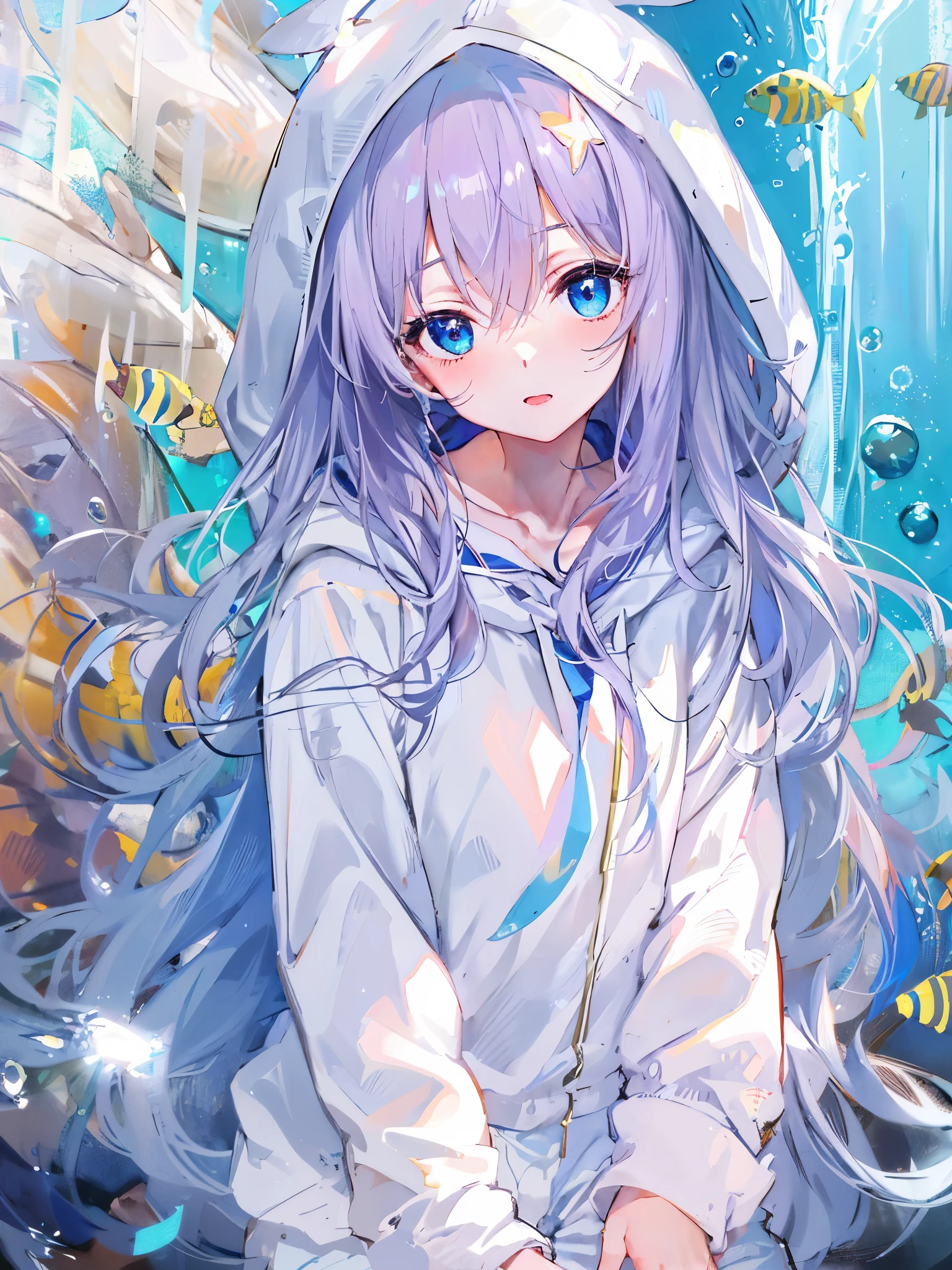 ((highest quality)), ((masterpiece)), ((Super detailed)), (extremely delicate and beautiful), girl, alone, cold attitude,((white hoodie)),彼女はandても(relax)and(Calm down)i can see,written boundary depth,evil smile,bubble, underwater, エアbubble,bright light blue eyes of the underwater world,明るい白髪and水色の先端を持つインナーカラー,,,,,,,,,,,,,,,,,,,,,cold background,Bob Hair - Linear Art, shorts、knee high socks、white uniform like school uniform、light blue ribbon tie、My clothes are transparent、The hand in my right pocket is like a sapphire,Fronresse Blue, A small blue light was floating、wonderful eyes、self snap,self shot