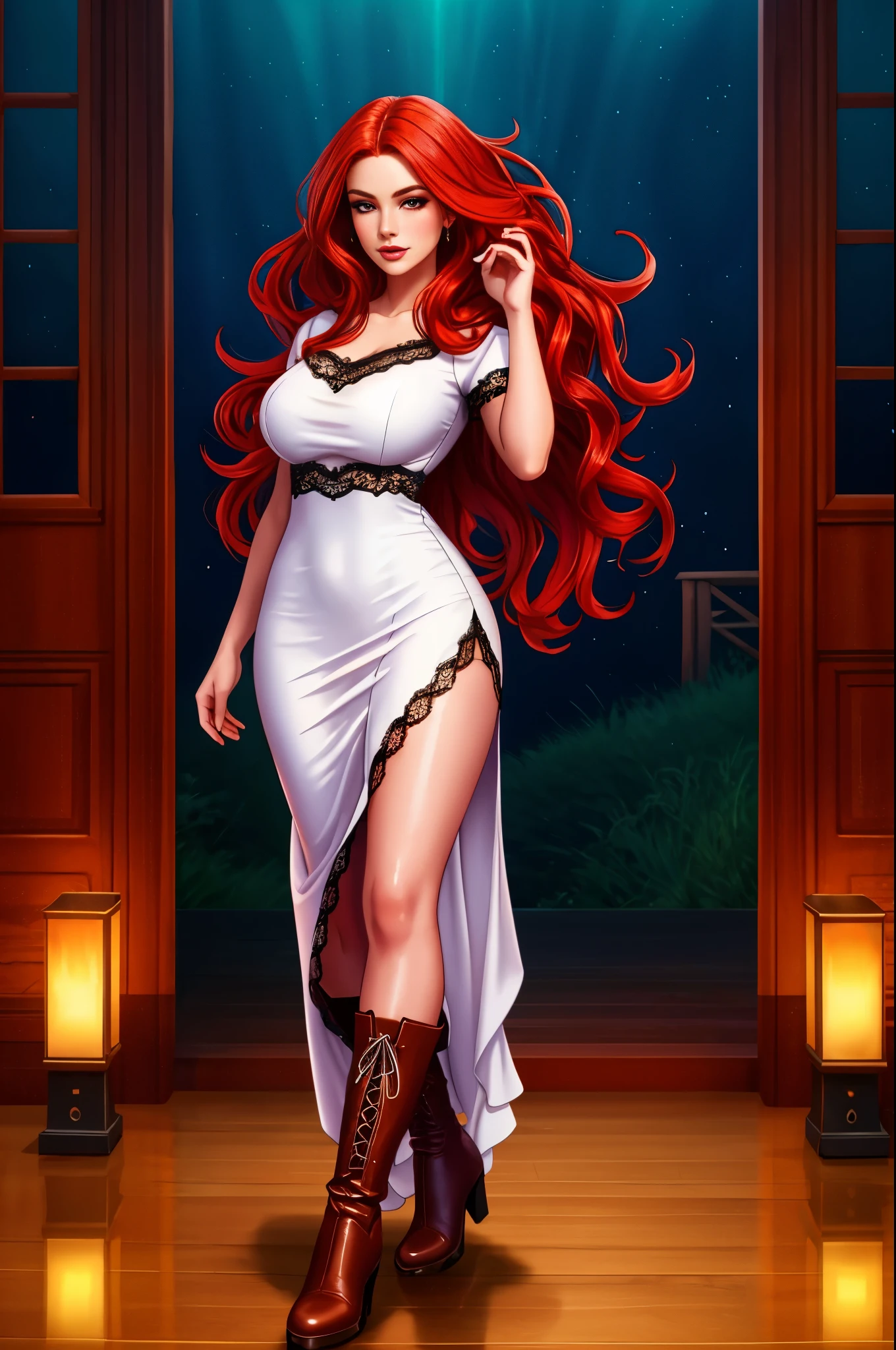 full body shot, woman with long red hair wearing a white top, rusty colored long hair, long glowing ethereal hair,  very long wavy fiery red hair, oil painting, detailed lace dress, beautiful leather boots, seductive look, wind blowing through her hair, vibrant colors, soft lighting,  (best quality,highres), sensual atmosphere, elegant and alluring
