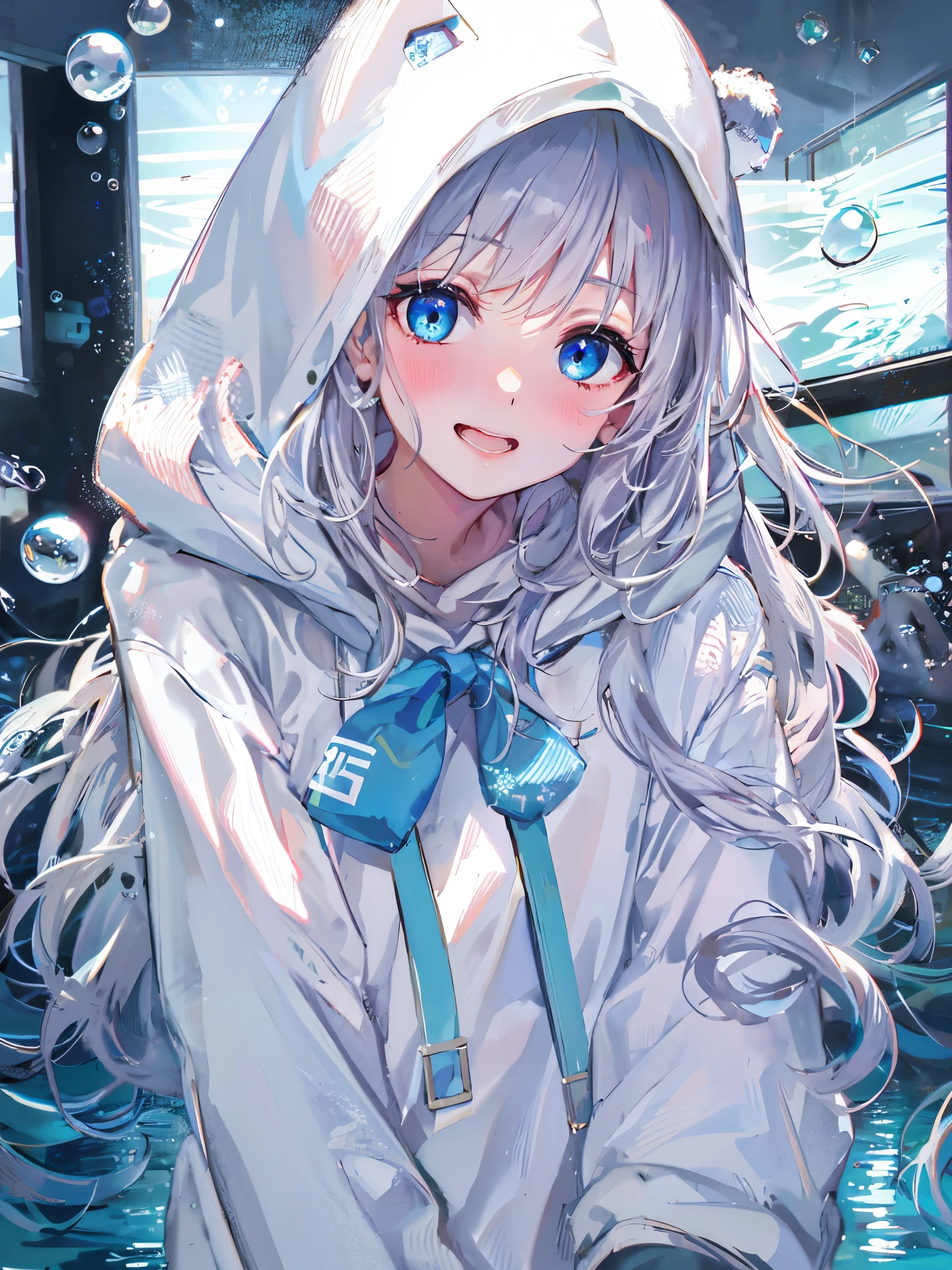 ((highest quality)), ((masterpiece)), ((Super detailed)), (extremely delicate and beautiful), girl, alone, cold attitude,((white hoodie)),彼女はandても(relax)and(Calm down)i can see,written boundary depth,evil smile,bubble, underwater, エアbubble,bright light blue eyes of the underwater world,明るい白髪and水色の先端を持つインナーカラー,,,,,,,,,,,,,,,,,,,,,cold background,Bob Hair - Linear Art, shorts、knee high socks、white uniform like school uniform、light blue ribbon tie、My clothes are transparent、The hand in my right pocket is like a sapphire,Fronresse Blue, A small blue light was floating、wonderful eyes、self snap,self shot