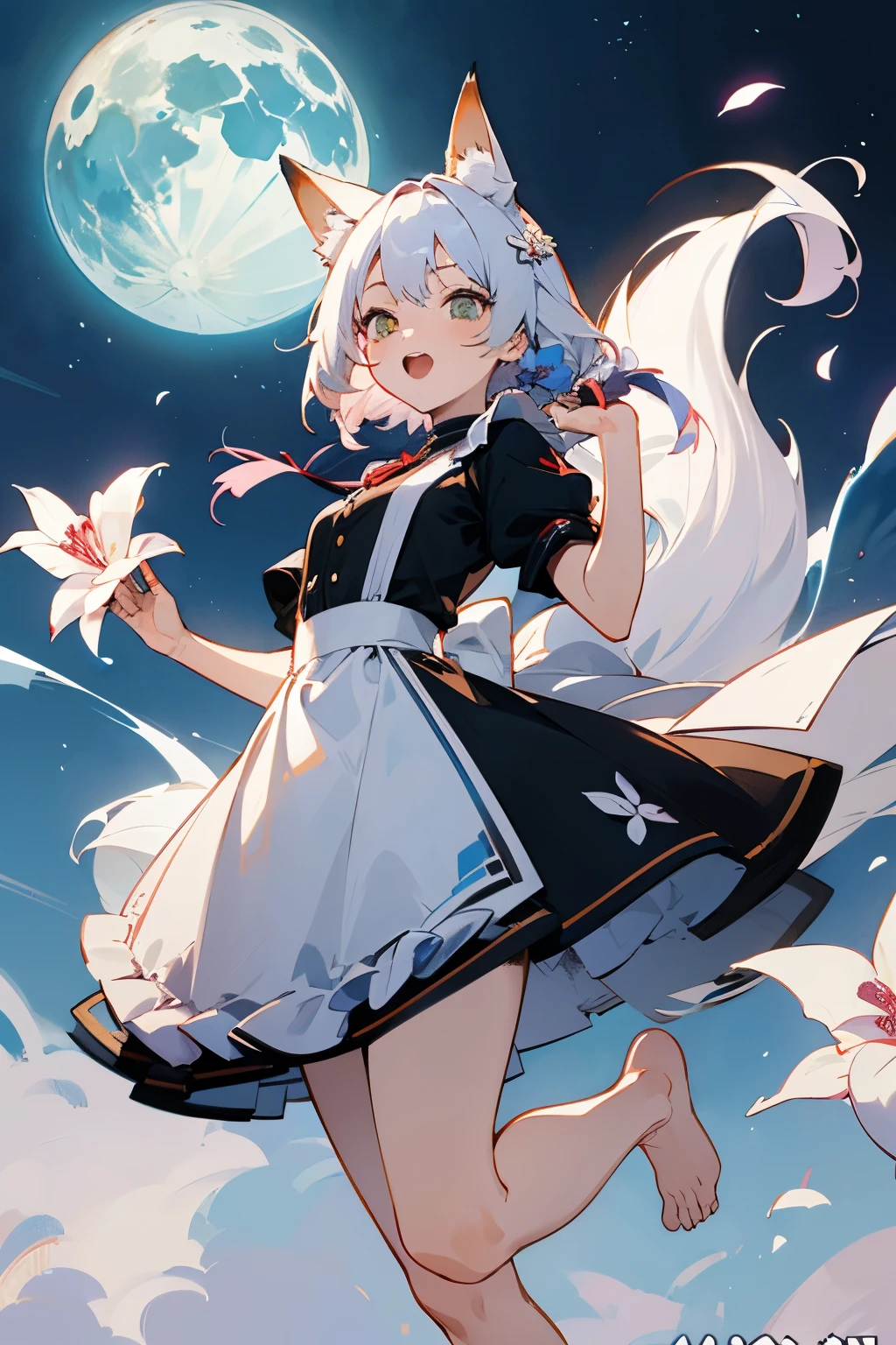 ink，watercolor，dirt，beautiful女の赤ちゃんのwhite hairQバージョン，cute、cute，2 head body，Maid clothes，Pure，beautiful，barefoot，（fox tail：1.4），tintin lily，I can&#39;t believe it&#39;s out of this world，small building，moon，There are small broken flowers on the head，fox ears，，super fine，Hair is carefully described，The eyes are also carefully drawn.，best quality，8K resolution，standing position、front、laugh、jump up、jump、reaction、sexy、white hair、