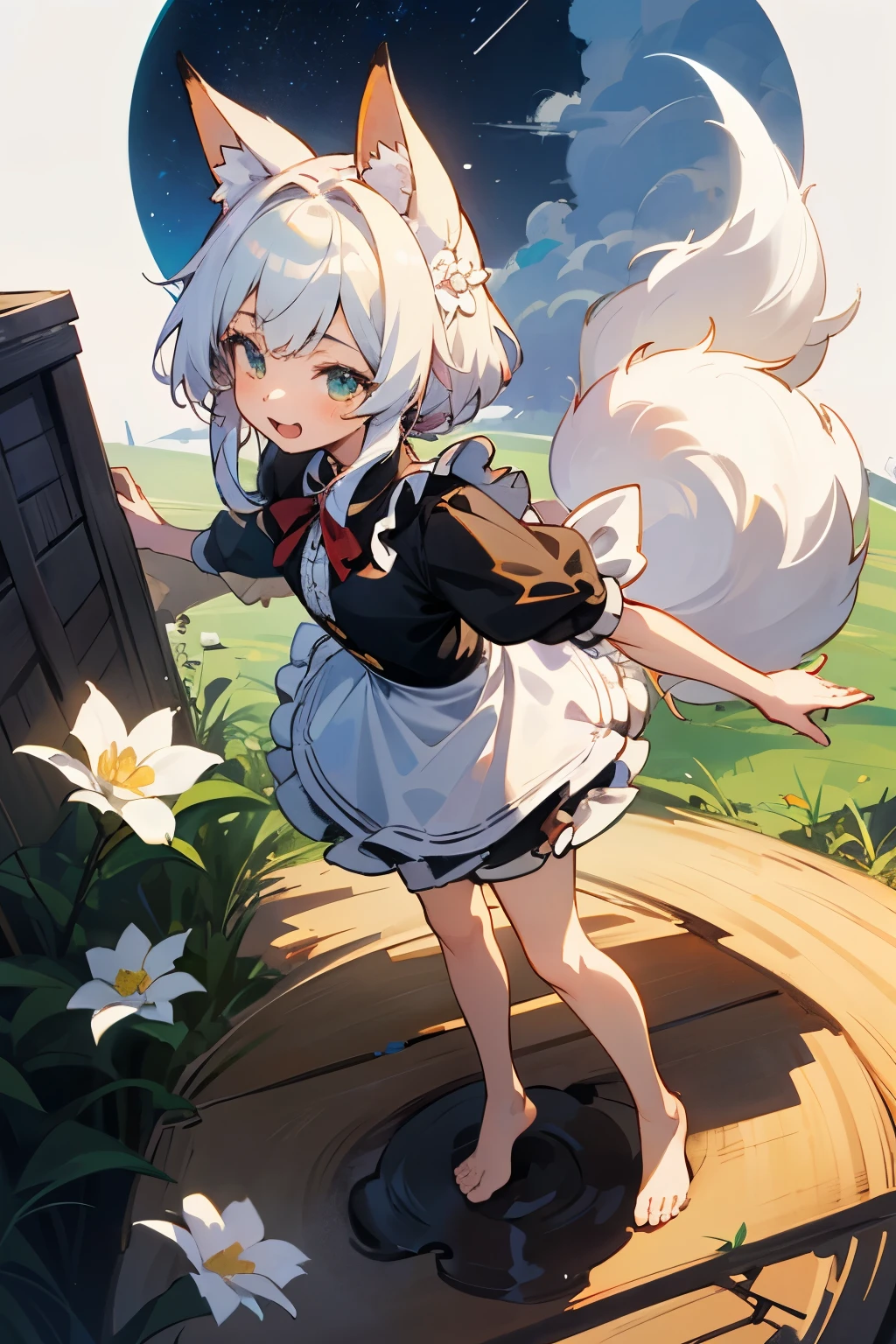 ink，watercolor，dirt，beautiful女の赤ちゃんのwhite hairQバージョン，cute、cute，2 head body，Maid clothes，Pure，beautiful，barefoot，（fox tail：1.4），tintin lily，I can&#39;t believe it&#39;s out of this world，small building，moon，There are small broken flowers on the head，fox ears，，super fine，Hair is carefully described，The eyes are also carefully drawn.，best quality，8K resolution，standing position、front、laugh、jump up、jump、reaction、sexy、white hair、