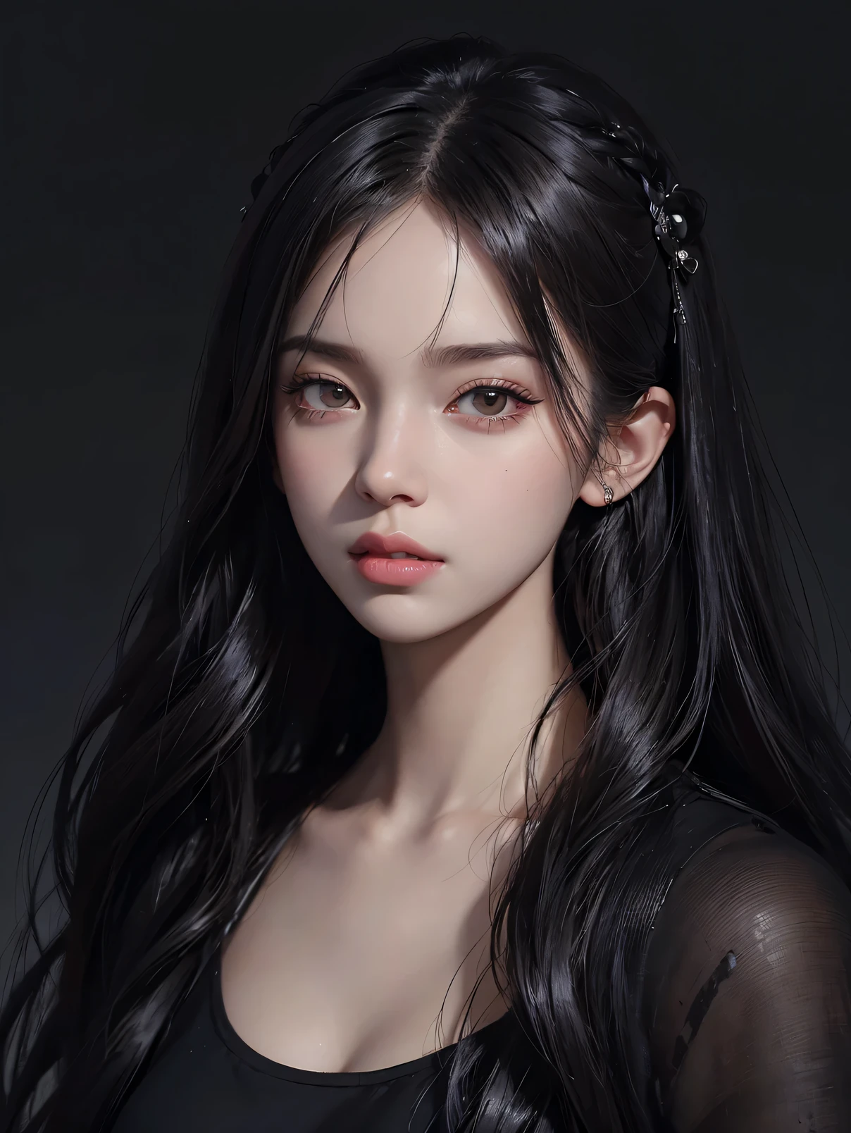 Portrait of a woman with long hair and a black shirt, digital illustration portrait, Bowater&#39;s art style, blackpink josie&#39;s portrait, digital portrait, digital art portrait, realism art style, high quality portraits, 🤤 girl portrait, realism art style, # 1 digital painting ever, #1 digital painting ever, glossy digital painting