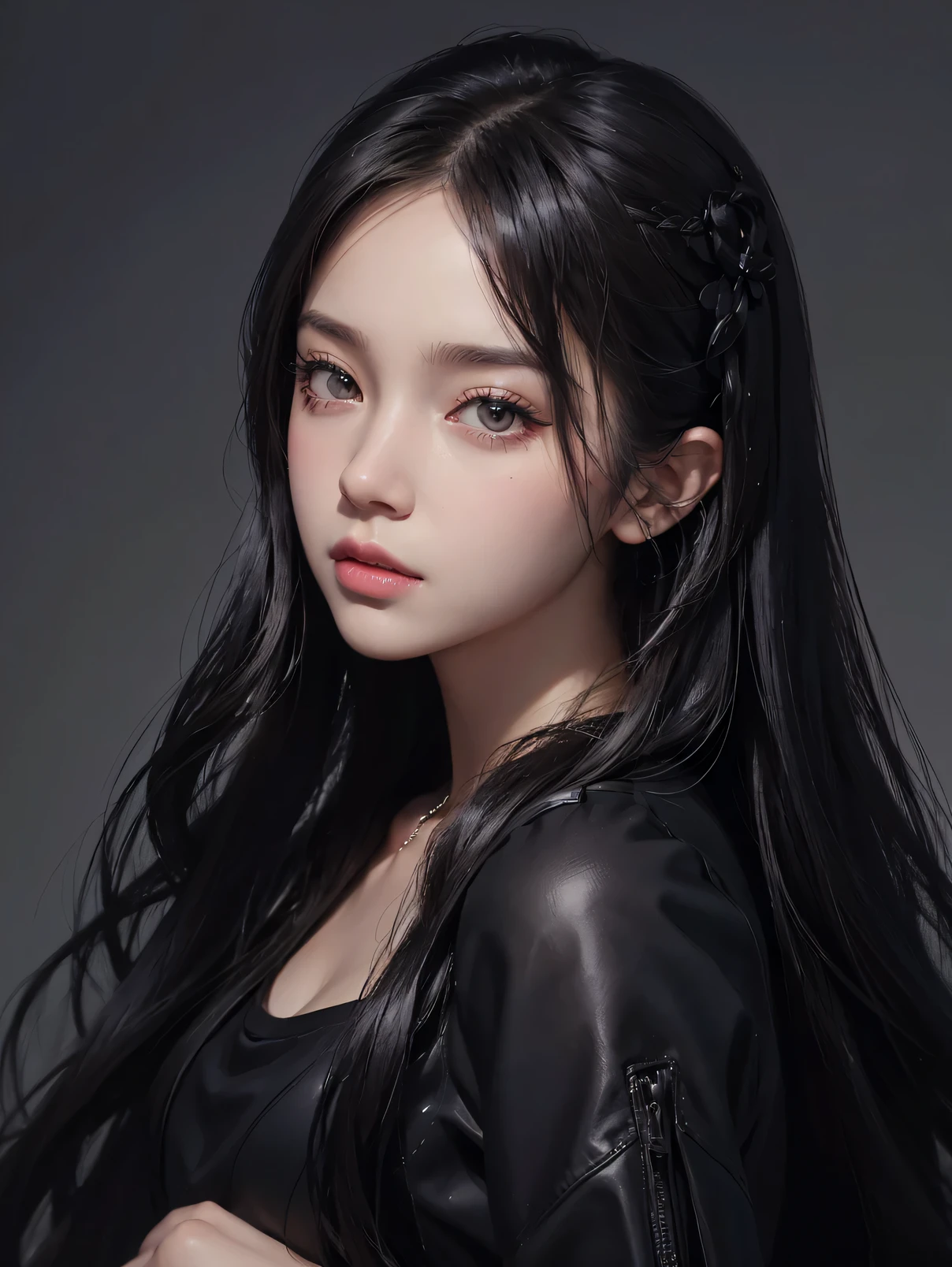 Portrait of a woman with long hair and a black shirt, digital illustration portrait, Bowater's art style, blackpink josie's portrait, digital portrait, digital art portrait, realism art style, high quality portraits, 🤤 girl portrait, realism art style, # 1 digital painting ever, #1 digital painting ever, glossy digital painting