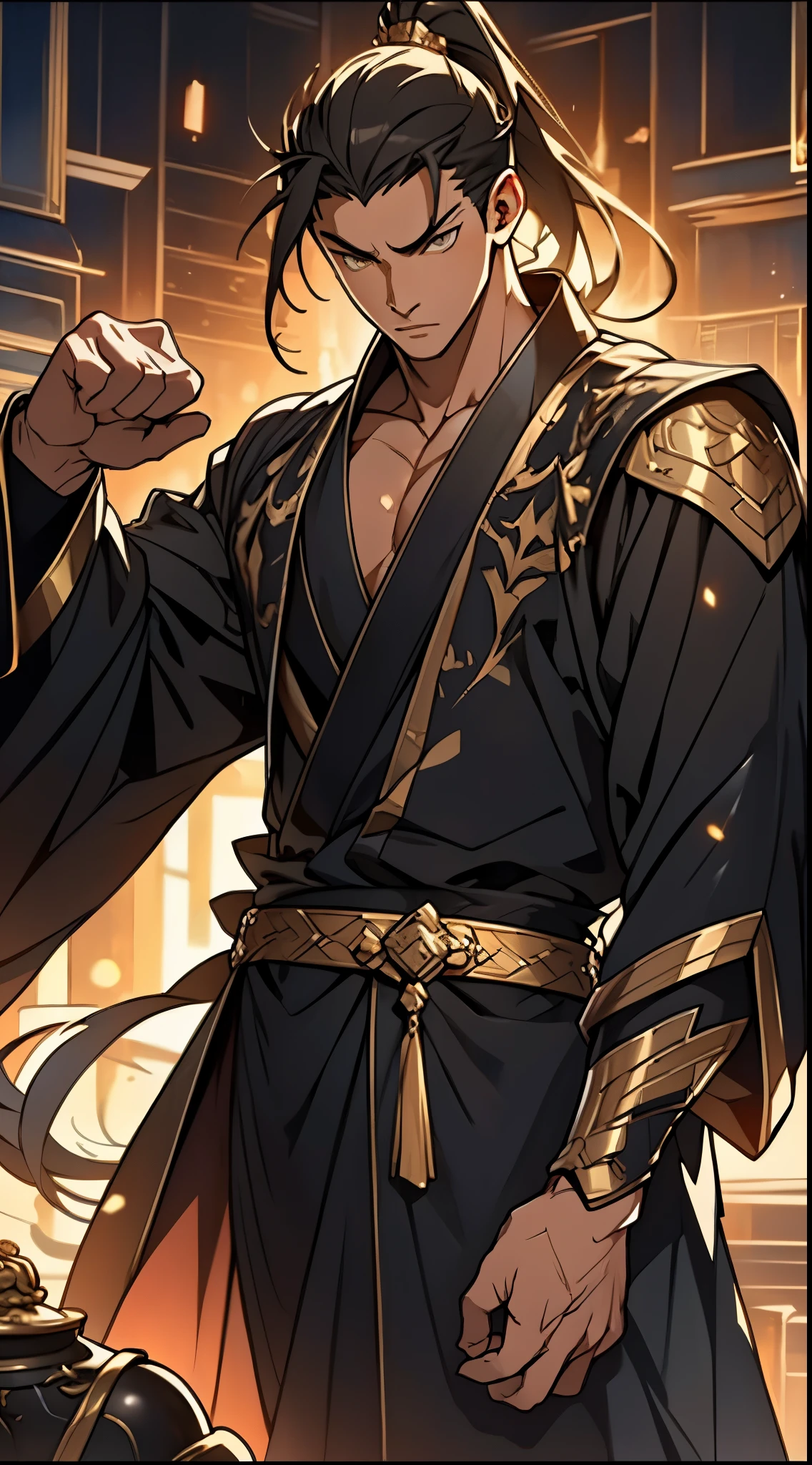 Two dimensions，anime style，one person（male warrior），proportions are correct，facial details，swordsman，high ponytail hairstyle，neck detail，Have an Adam&#39;s apple，Black and gold robe，joke，Black and gold robe，clothing details，Hand over，long sleeves，Game quality，fencing，Ray tracing，Ray tracing，Detailed glow，CG rendering，hair details，Long black and blond hair，Black-gold eyes，Handsome，Handsome，（Youthful feeling），Costumes are complicated，Perfect composition，refine，high quality，higher details，many details，Complex background，a sense of atmosphere，