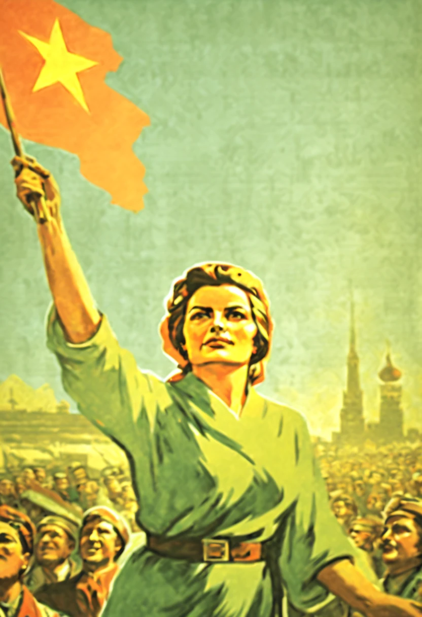 CCCP poster, soviet poster, USSR Flag in background, USSR Poster, Soviet Union poster, October Revolution, (text: (Мир Труд Май!)), (1girl), (solo), ( Middle aged woman, standing straight, USSR woman, slavi woman, light green robe, factory worker, oil marks on clothes, ponytail haircut), ((CCCP Poster, Soviet Poster)) propaganda Poster, poster, good body, Poster design, poster art style. 1980s, 1950s, 1960s, basic colour scheme, Very colourful poster, colour art, thirds rule, inspiring, generalrevolutionary