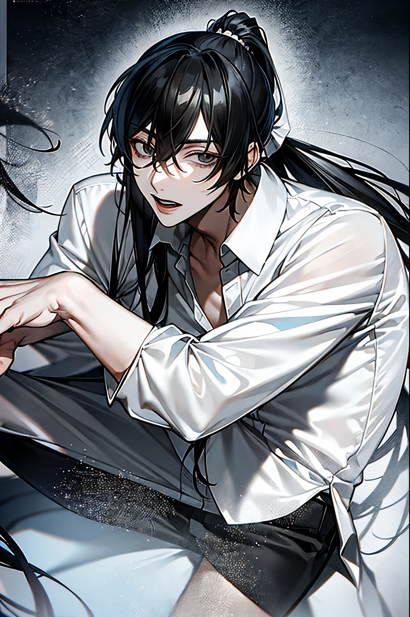 Masterpiece, best quality, high quality, ultra detailed, 1boy, black haired boy, ((high ponytail)), young general, white shirt, dark color as the main color of the picture, au \(d elete\)
