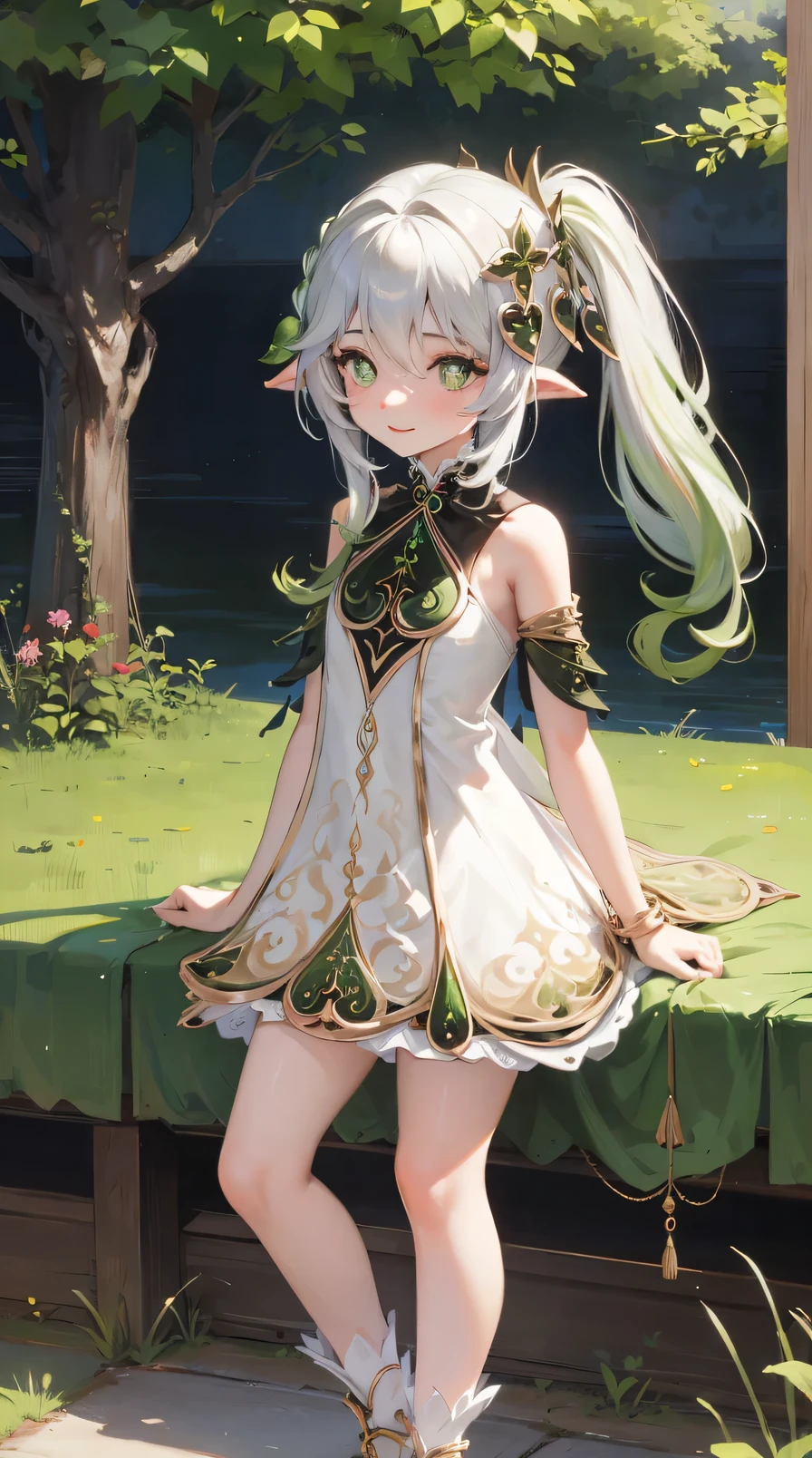 Nahida,, flat chest,on the bed, whole body, Thick thighs,Cat, vaginal, showingher Cat, Cat,lift up the skirt, short skirt, shirt,high waist skirt,good eyes,smile softly, no underwear, Perfect body proportions