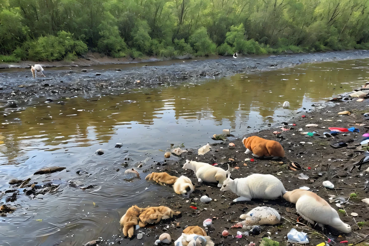 In a river polluted with forest trash、animals are in the river。humans don't'Don't draw