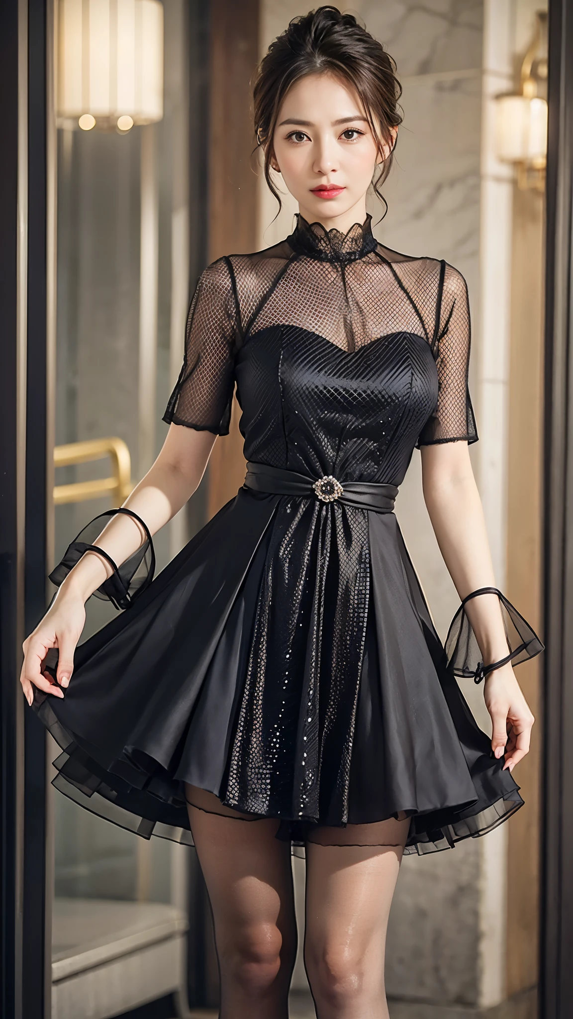 ulzzang-6500-v1.1, (RAW photo:1.2), (Photoreal), (muste piece), (genuine:1.4), (elegant formal dresses:1.6), upper class mature woman、(super realistic pantyhose:1.3)、(very sad expression_Pause:1.4)、