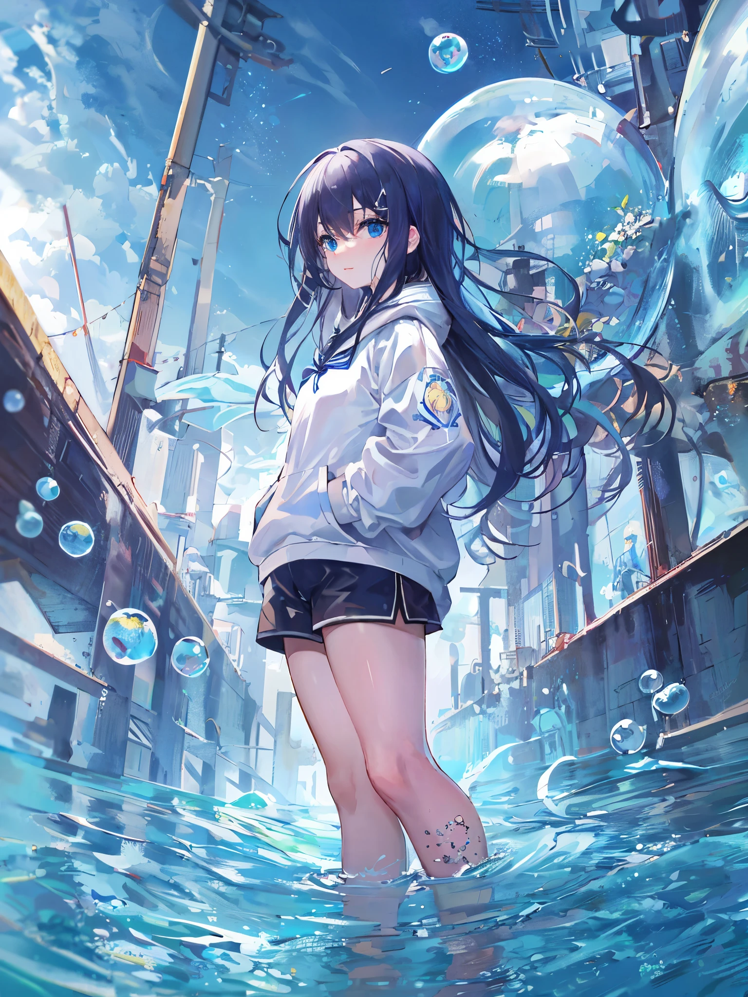 ((highest quality)), ((masterpiece)), ((super detailed)), (very delicate and beautiful), and, solo, cold attitude,((white hoodie)),彼女はandても(relax)and(calm down)Appearance,Depth of the bounds written,evil smile,bubble, in water, エアbubble,in waterの世界の明るい水色の目,明るい白髪and水色の先端を持つインナーカラー,,,,,,,,,,,,,,,,,,,,,cold background,Bob Hair - Linear Art, shorts、knee high socks、white uniform like school uniform、light blue ribbon tie、clothes are transparent、The hand in my right pocket is like a sapphire,Fronresse Blue, A small blue light was floating、wonderful eyes、Self snap,Self snap、My bangs fall into my eyes, give a sexy impression.