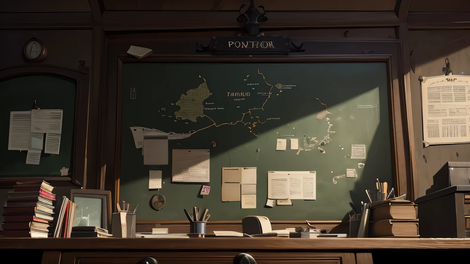Puzzle-solving horror atmosphere ,Detective Agency,messy table,hand drawn style,Blackboard full of clues and maps,And potions,pure scene,The picture is very dark,in a darker place,The location is the office