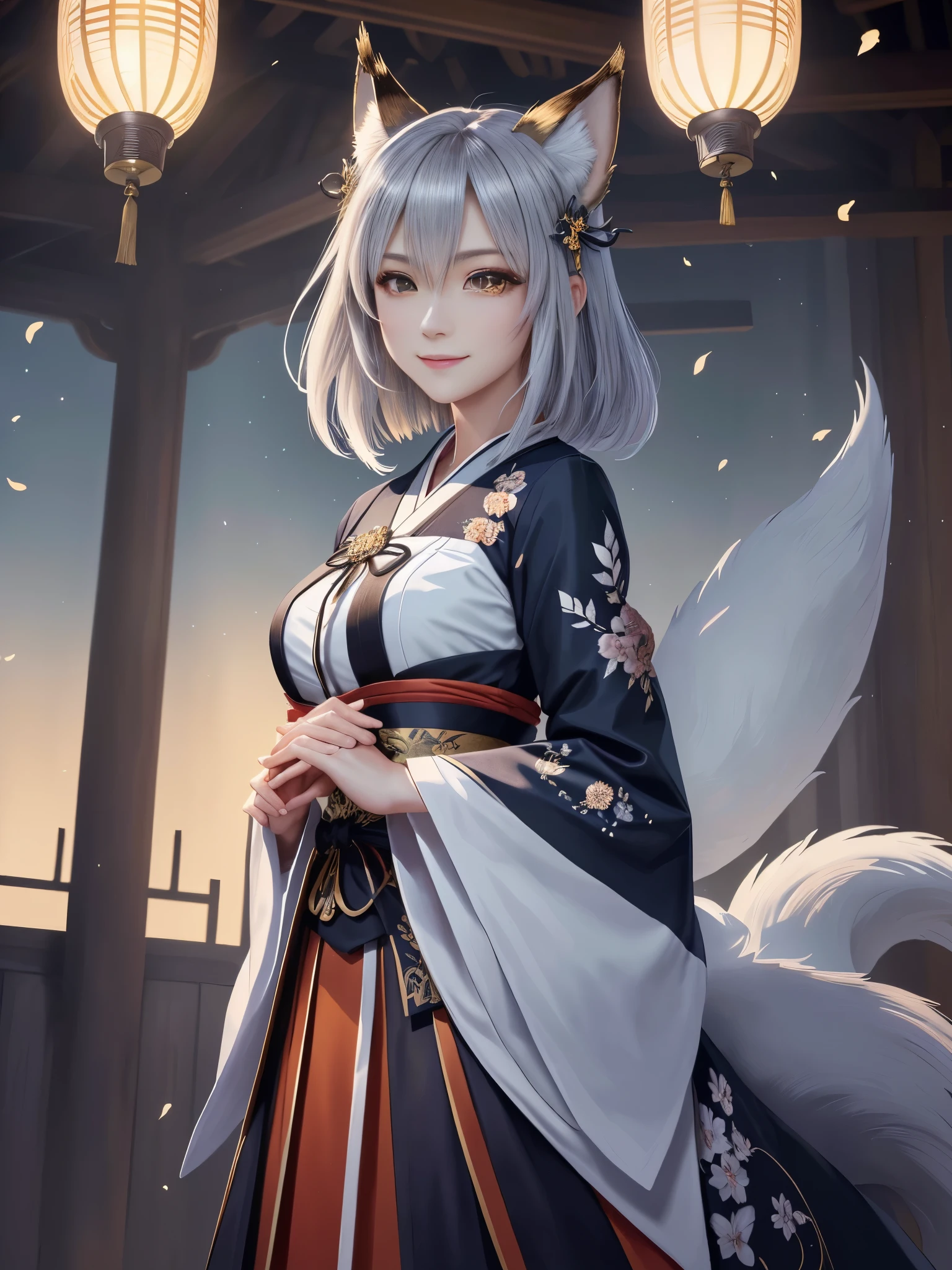 masterpiece , best quality,close up of face,smile,the whole body is facing forward,bright silver hair,brown eyes,sharp contrast,short hair,美しいフォルムのshort hair,just one person,precision quality,, masterpiece, japanese architectureの背景,beautiful details, colorful, delicate details, delicate lips, intricate details, genuine, ultrargenuineista, 枝に座っている色とりどりの髪のFoxを持つ女の子:Mature, bright eyes, ,色とりどりのFox, raposa de nine tails, 三尾Fox, 三尾Fox, onmyoji detail art, beautiful fine art illustration, mythical creatures, Fox, beautiful digital art,shrine maiden,japanese architecture,hold hands,exquisite digital illustration, mizutsune, Inspired by mythical wild web creatures, pixiv in digital art, shining light, high contrast, Mysterious,