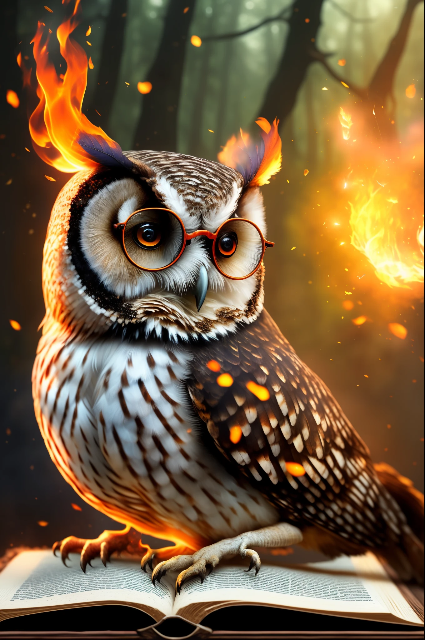 head close up, front camera, detailed digital painting of an old owl with tiny glasses in front of an big old book with eroded pages, magical dark and orange universe, (forest background:1.2), (light and fire particle:1.1), (detailed feathers:1.2), (game concept:1.3), depth of field, Global illumination, big worn out book opened in a crude wooden table