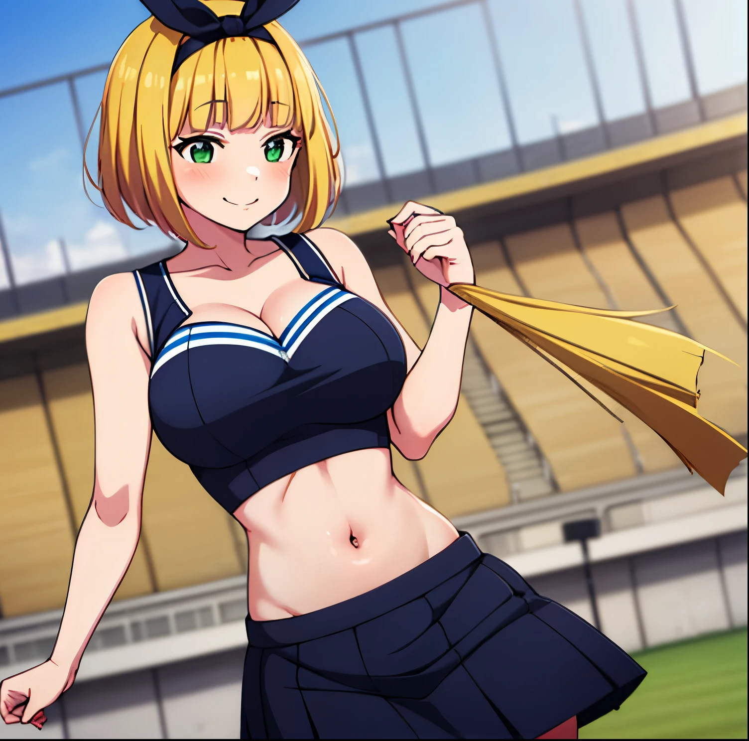 1girl, alone, shushu suruga, short blonde hair, green eyes, hair band, black bow, (masterpiece), best quality, (((ultra detailed, 8k quality))), expressive eyes, perfect face, perfect anatomy , perfect body, perfect hands scene, bob cut, black headband, pompom (cheerleader), holding yellow pompoms, cheerleader uniform, blue skirt, pleated skirt, cheerleader, navel, bare shoulders, holding pompoms, bare abdomen, mini skirt, top short blue, crisscross, loose neck, smile, open mouth, cleavage, stadium, big breasts, medium waist, wide hips, medium thighs, stadium, smiling, closed mouth, embarrassed, sunset, standing, jumping