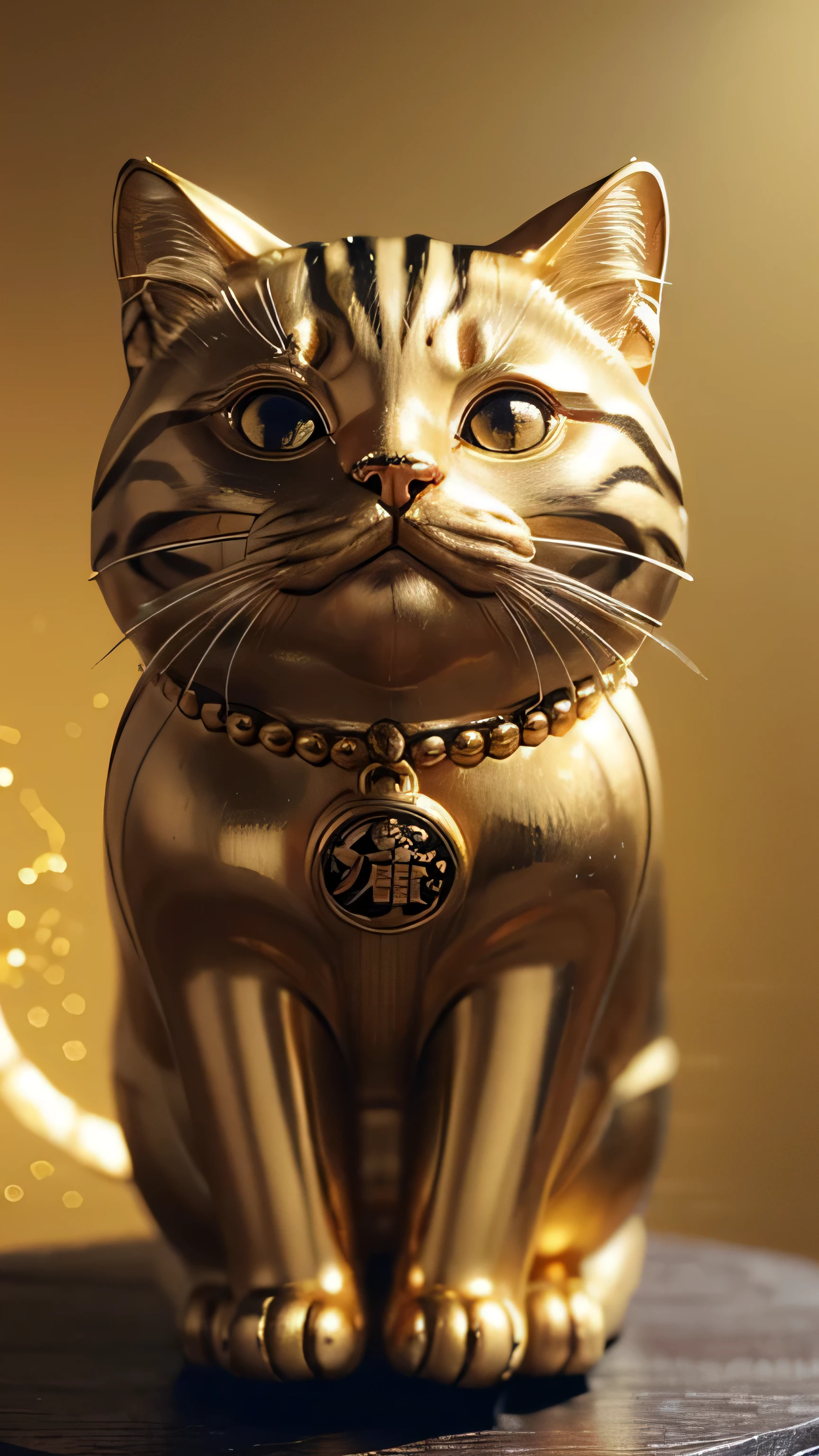 ((beckoning cat)),beckoning cat, masterpiece, highest quality, 8k, High resolution, photograph, film grain, chromatic aberration, HDR, dynamic lighting,((View from the front)), ((faced the front)), sparkling background, (golden background:1.4), most detailed, very detailed, Super detailed, finely, (big pupil, realistic student:0.8), , ((look forward)), ((whole body)),
