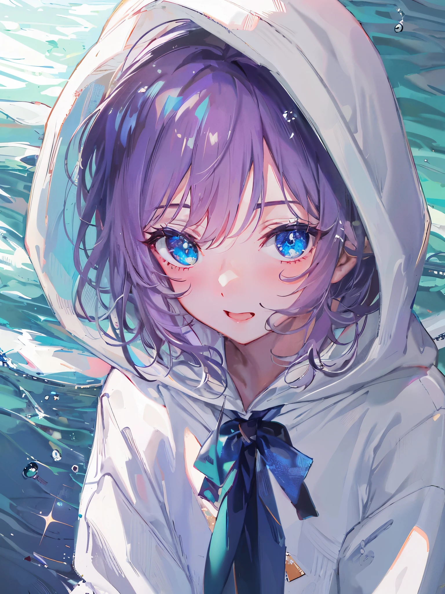 ((highest quality)), ((masterpiece)), ((super detailed)), (very delicate and beautiful), and, solo, cold attitude,((white hoodie)),彼女はandても(relax)and(calm down)Appearance,Depth of the bounds written,evil smile,bubble, in water, エアbubble,in waterの世界の明るい水色の目,明るい白髪and水色の先端を持つインナーカラー,,,,,,,,,,,,,,,,,,,,,cold background,Bob Hair - Linear Art, shorts、knee high socks、white uniform like school uniform、light blue ribbon tie、clothes are transparent、put one's hand in one's pocket、eyes as bright as sapphires,Fronresse Blue, A small blue light was floating、wonderful eyes、Self snap,Self snap、My bangs fall into my eyes, give a sexy impression.