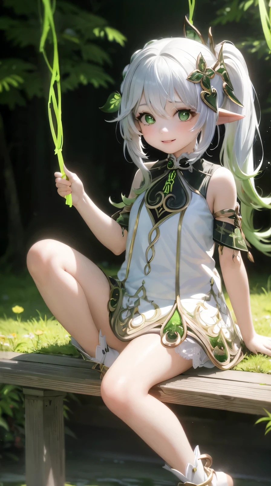 masterpiece, best quality, swing,sitting,whole body,1 girl,Nahida \(Genshin Impact\),white hair,colorful hair, Side Mao Insult,hair accessories,green eyes,Pictogram ,pointed ears, jewelry, Detached sleeves,white dress,Long legs with exposed toes,gray background, Smile, bright colors, forest background,