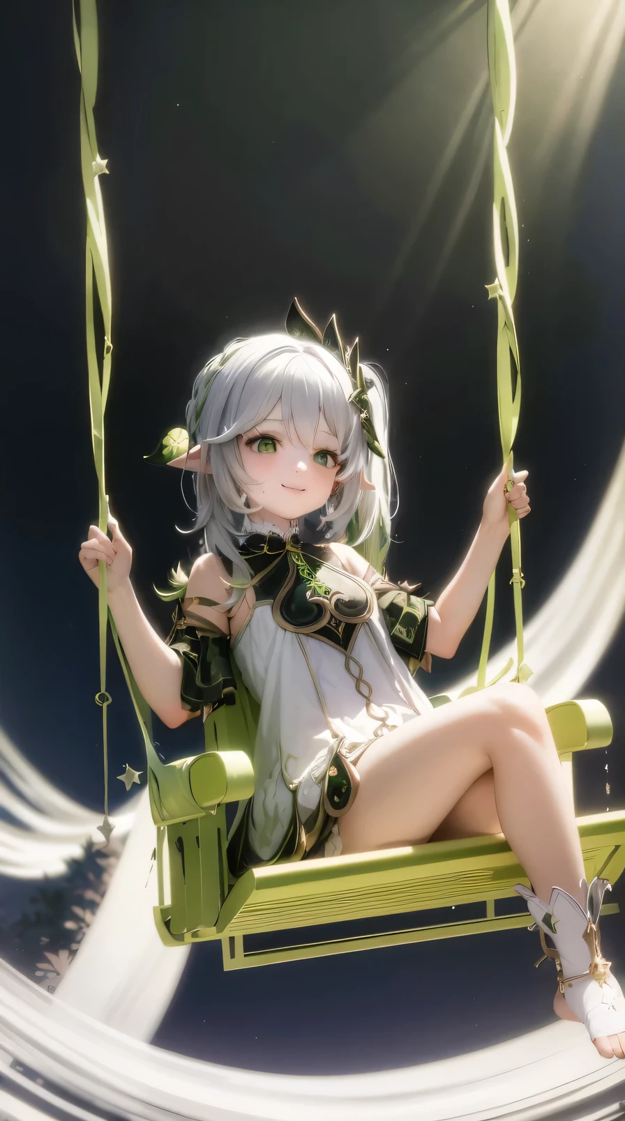 masterpiece, best quality, swing,sitting,whole body,1 girl,Nahida \(Genshin Impact\),white hair,colorful hair, Side Mao Insult,hair accessories,green eyes,Pictogram ,pointed ears, jewelry, Detached sleeves,white dress,Long legs with exposed toes,gray background, Smile, bright colors, forest background,