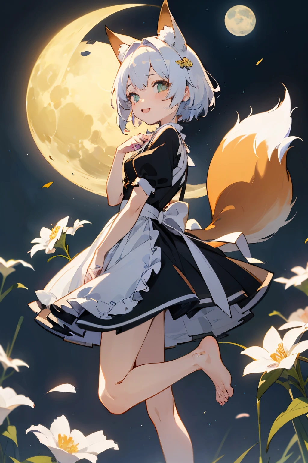 ink，watercolor，dirt，beautiful女の赤ちゃんのwhite hairQバージョン，cute、cute，2 head body，Maid clothes，Pure，beautiful，barefoot，（fox tail：1.4），tintin lily，I can&#39;t believe it&#39;s out of this world，small building，moon，There are small broken flowers on the head，fox ears，，super fine，Hair is carefully described，The eyes are also carefully drawn.，best quality，8K resolution，standing position、front、laugh、jump up、jump、reaction、sexy、white hair、