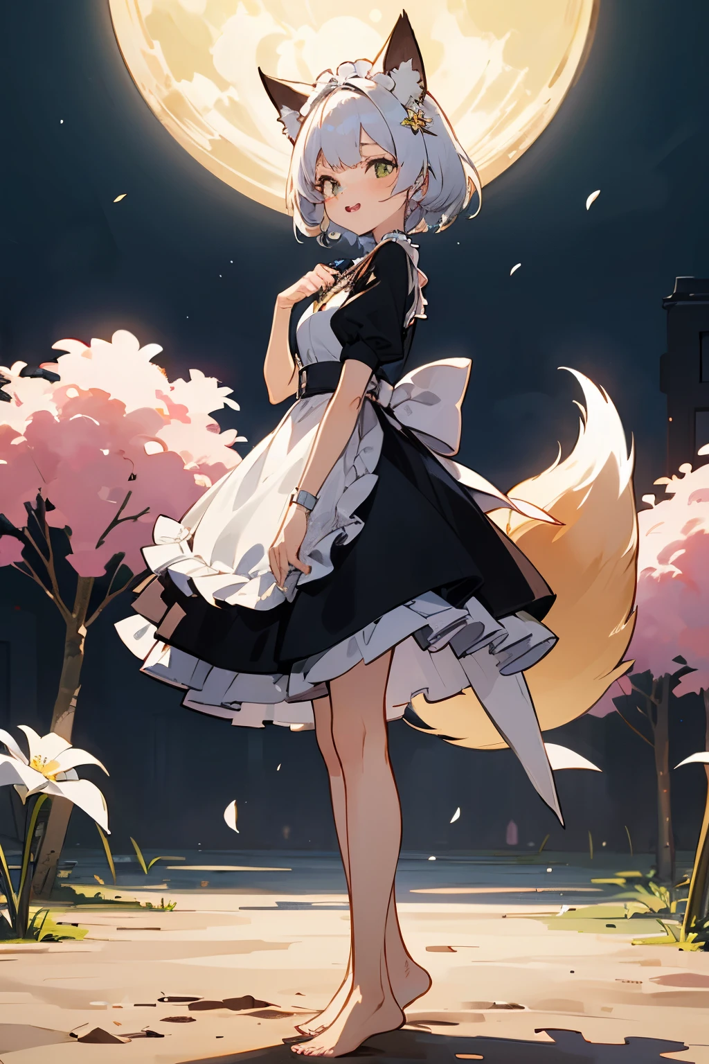 ink，watercolor，dirt，beautiful女の赤ちゃんのwhite hairQバージョン，cute、cute，2 head body，Maid clothes，Pure，beautiful，barefoot，（fox tail：1.4），tintin lily，I can&#39;t believe it&#39;s out of this world，small building，moon，There are small broken flowers on the head，fox ears，，super fine，Hair is carefully described，The eyes are also carefully drawn.，best quality，8K resolution，standing position、front、laugh、jump up、jump、reaction、sexy、white hair、