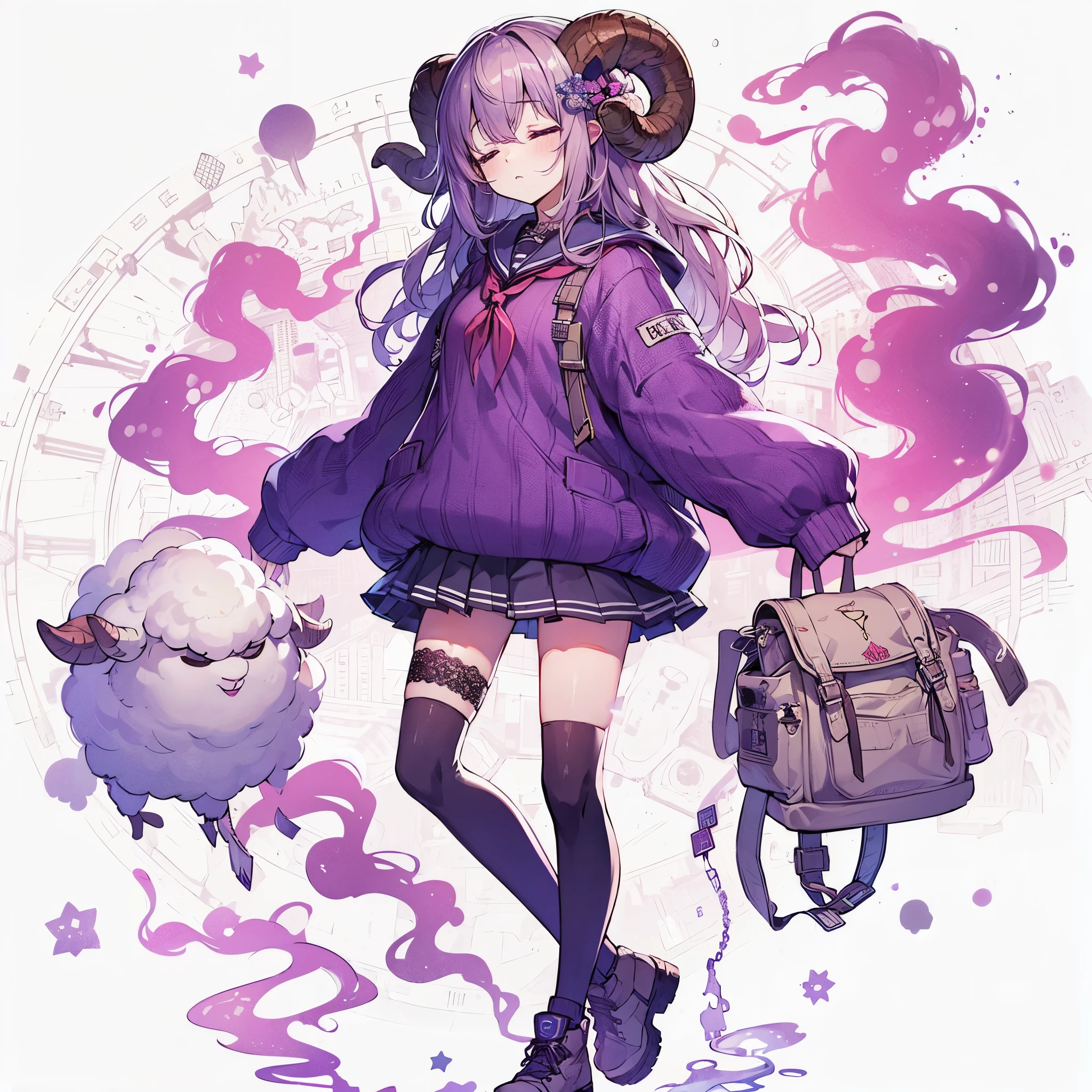 (Masterpiece, best quality), (perfect athlete body: 1.2), (detailed hair), ultra-detailed, anime style, full body, High school girl, wearing a purple sweater, with sheep's horns growing on her head, thaumaturgy accessories, High school shoes, pink miasma in the air, standing sleepy, digital painting, 8k high resolution, trending art station, white background, whole body, closed eyes.
