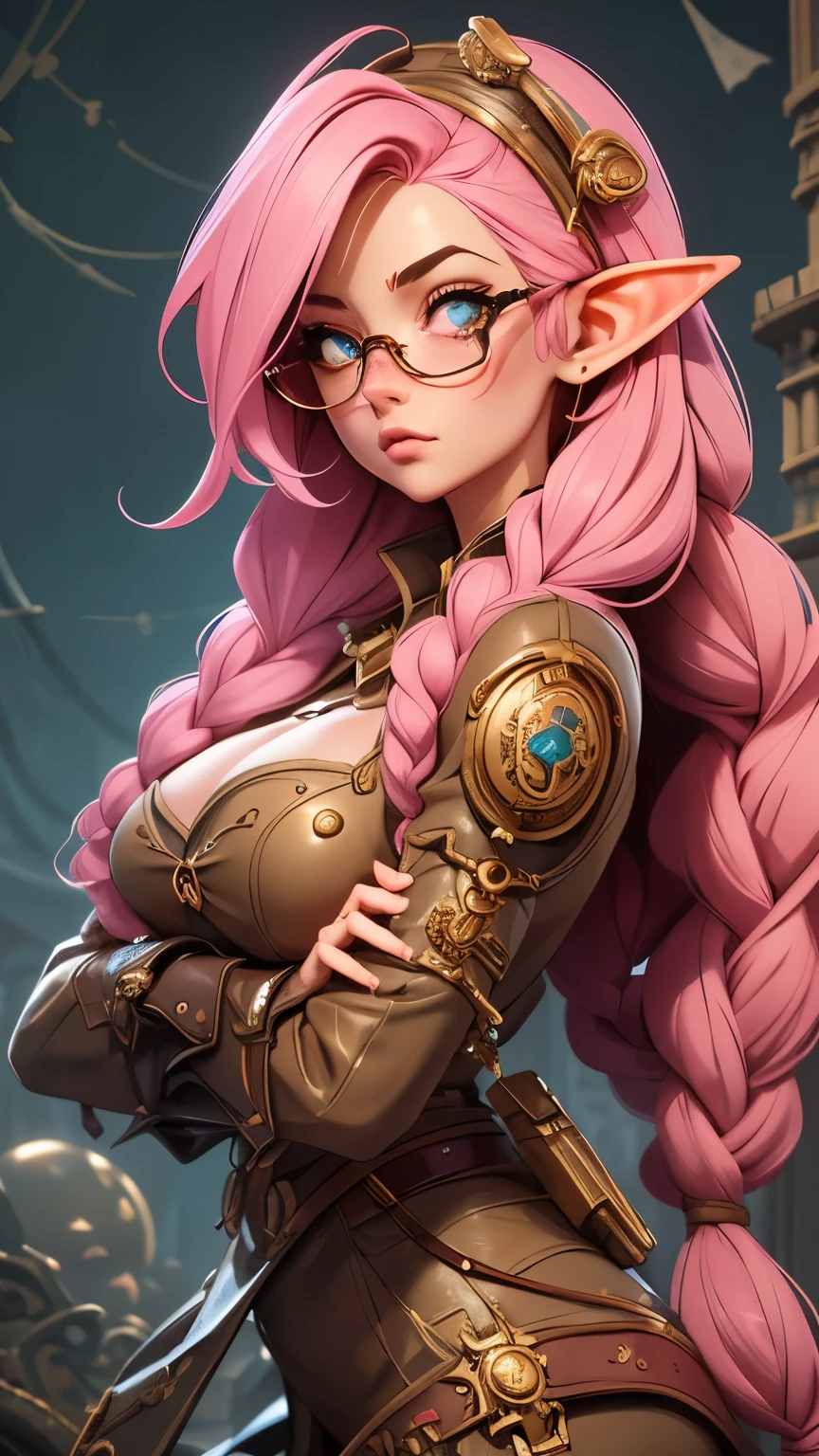 (masterpiece), best quality, expressive eyes, perfect face, Tomer Hanuka~ H.R Giger ~ Junji Ito~ Beautiful Elf posing by a tower. with freckles and glasses and long pink hair braided, warrior. steampunk.