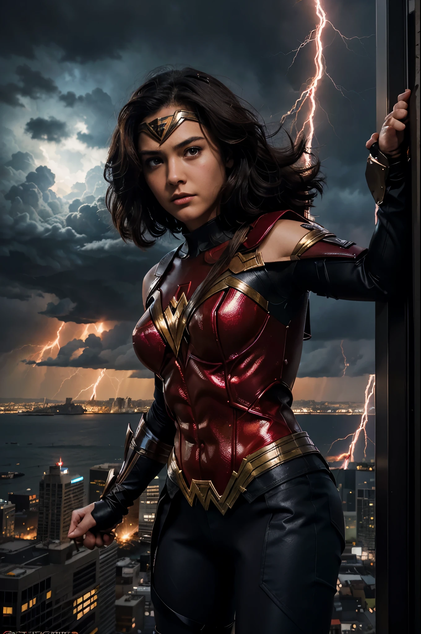 1 girl , hero , (superhero costumes) , reception , view of high-rise buildings , (Female superhero flying in the air) , There were flashes of lightning all around her , revealing outfits , fullbody , she can fly