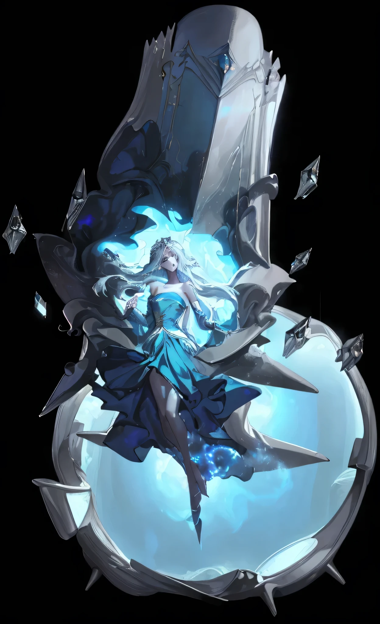 miss, Serious, elegant, dark blue skirt, aristocratic, silver element, Long nails, bare shoulders, hairstyle, long hair,float and float, arrogant, contemptuous, detail dress, royalties, FOG,interior of starship, ,portrait, (best quality), (masterpiece), (Very detailed), (4k)